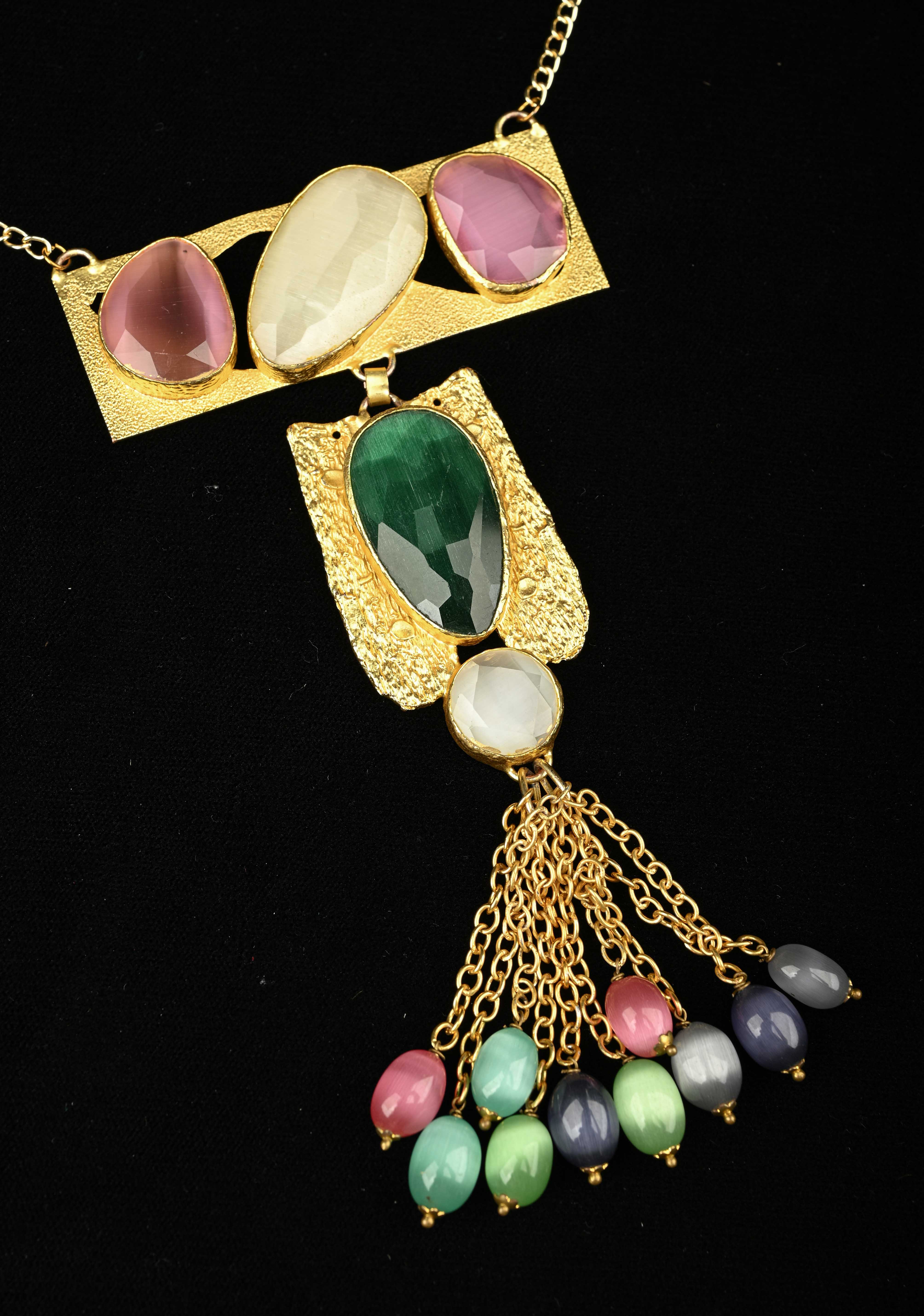 Fringe Chain Necklace with Deco Pendant and Watermelon Tourmaline Tassels | Shobitam