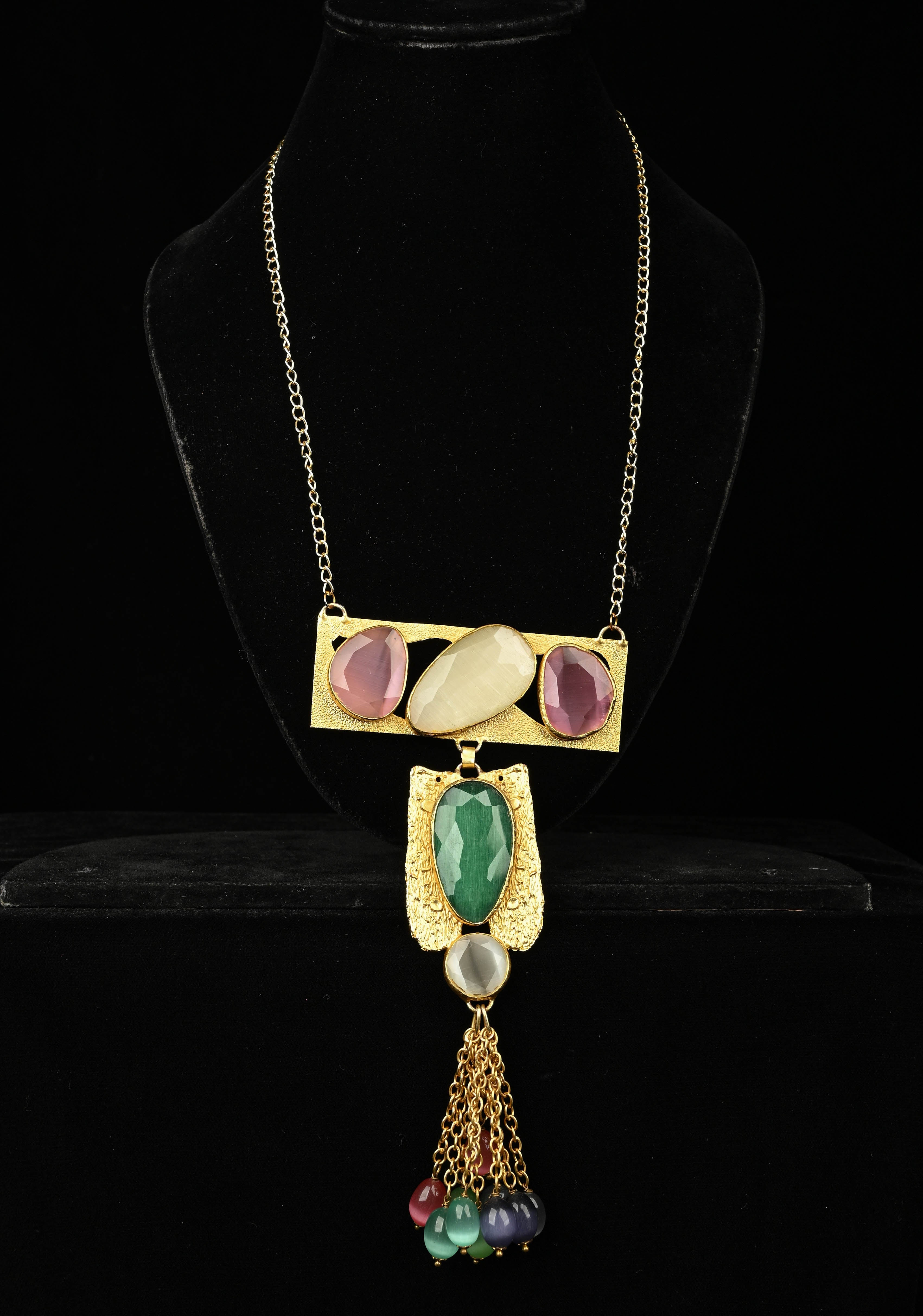 Fringe Chain Necklace with Deco Pendant and Watermelon Tourmaline Tassels | Shobitam