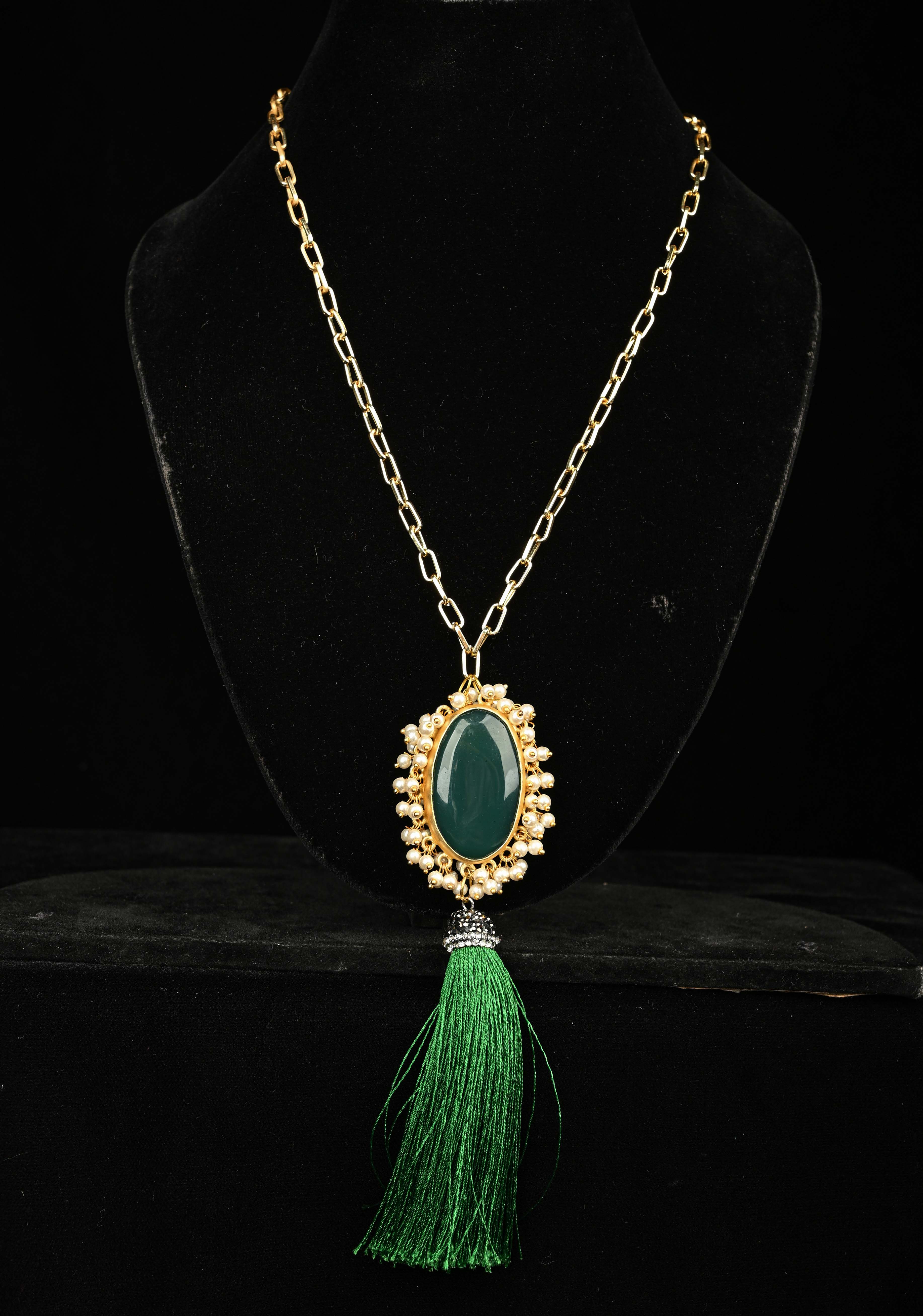 Long Gold Chain Tassel Necklace Green Onyx with pearls Pendant | Shobitam