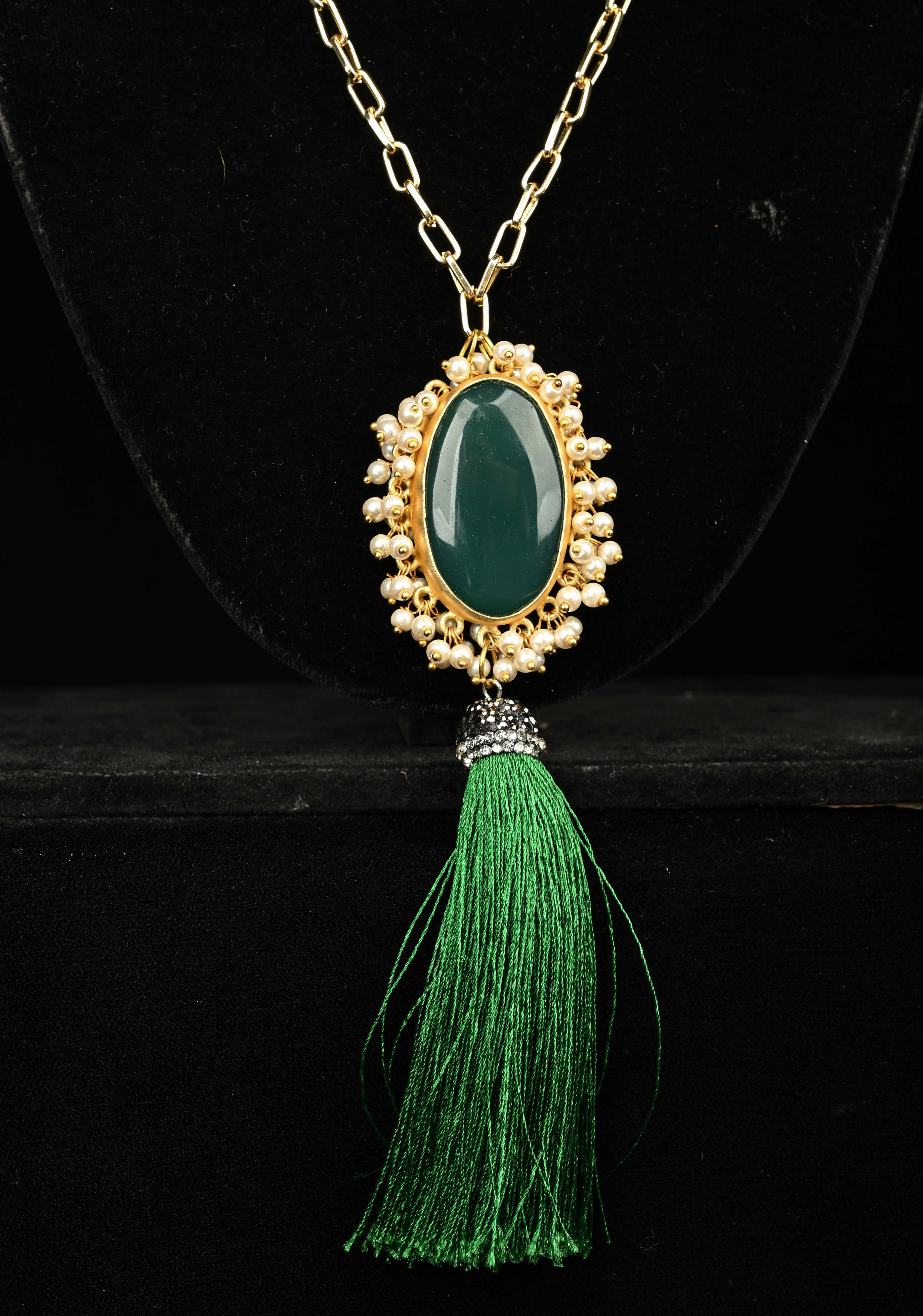 Long Gold Chain Tassel Necklace Green Onyx with pearls Pendant | Shobitam
