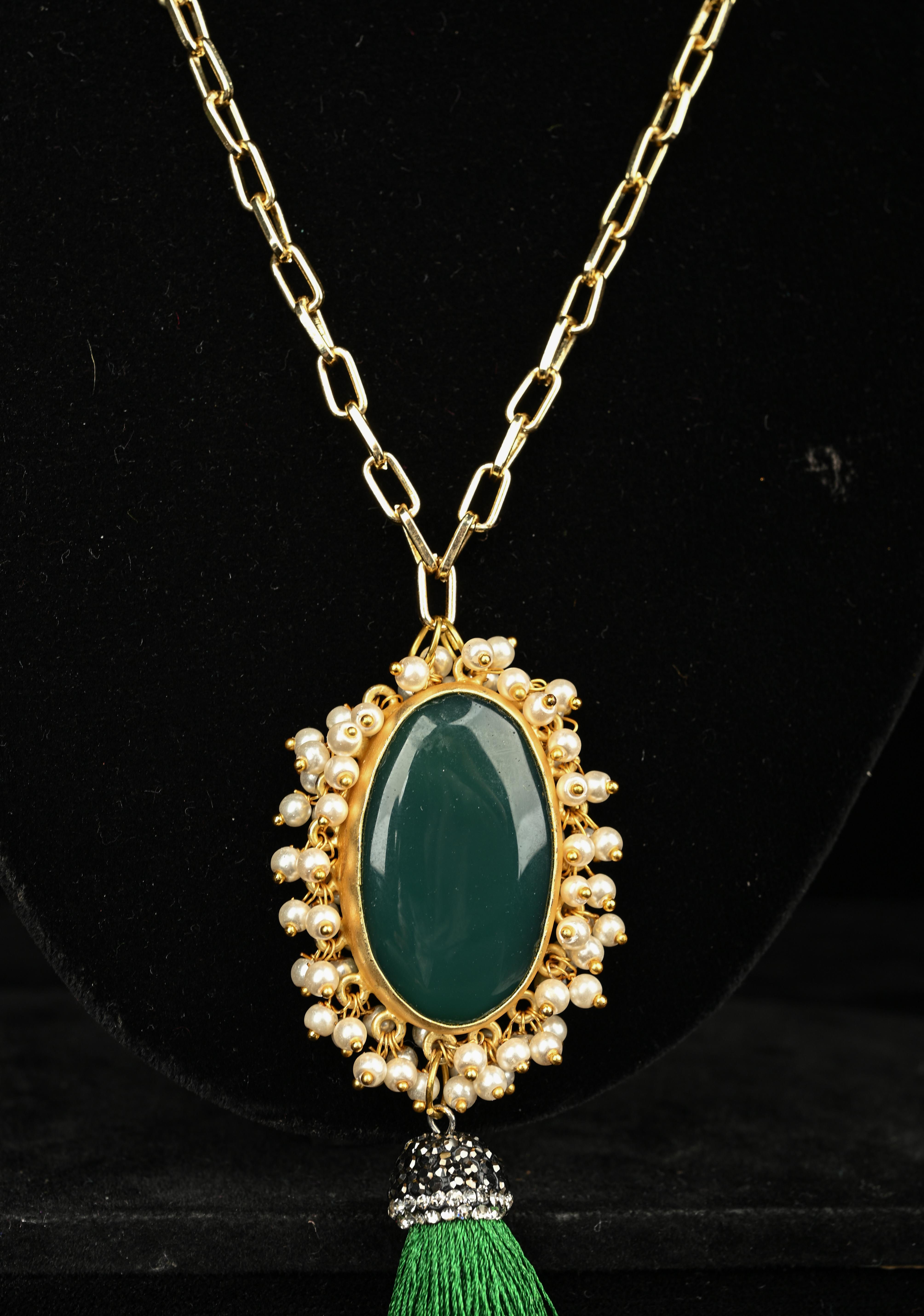 Long Gold Chain Tassel Necklace Green Onyx with pearls Pendant | Shobitam