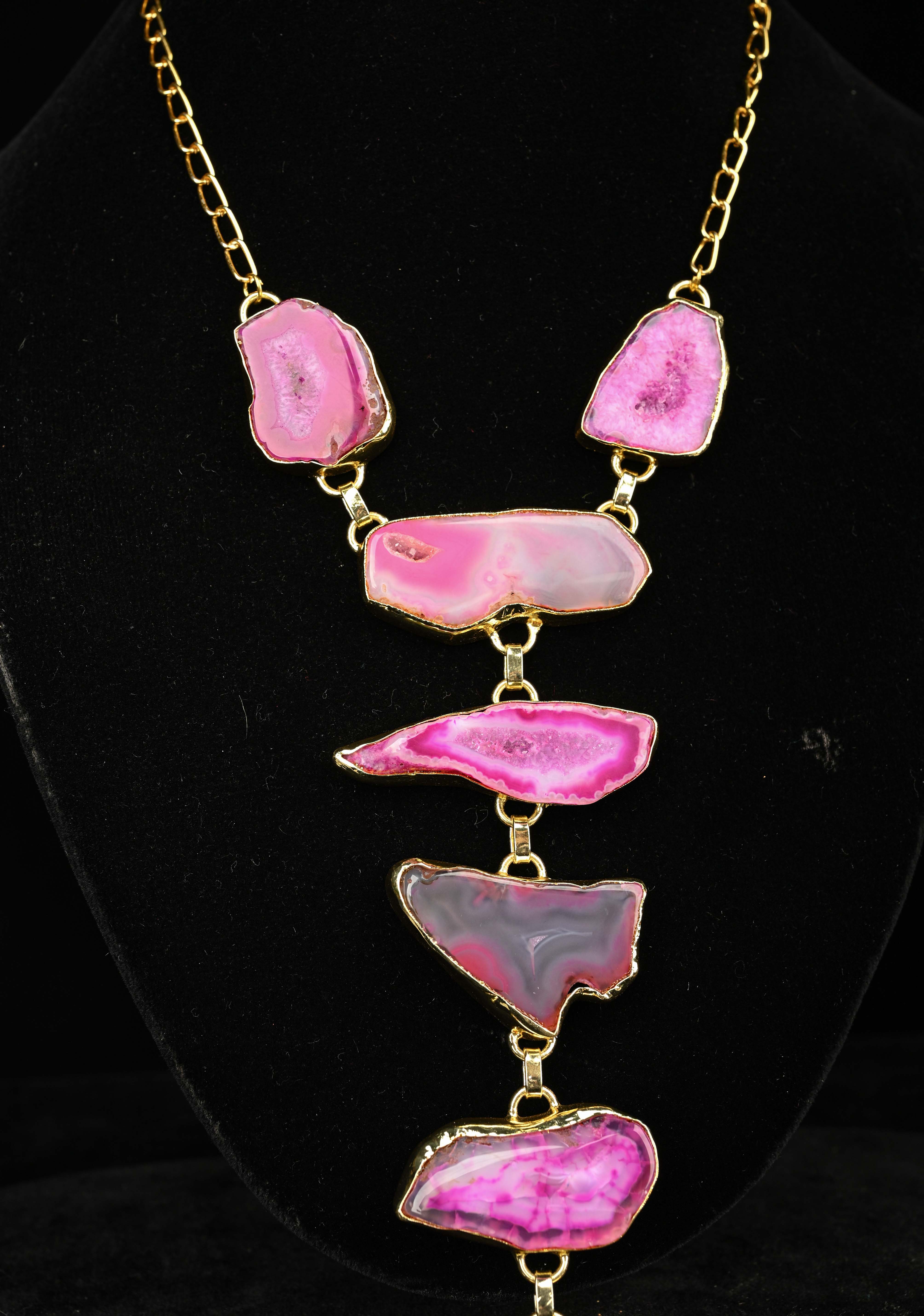 9 Tier Statement Shades of Pink Agate Stone Statement Necklace | Shobitam