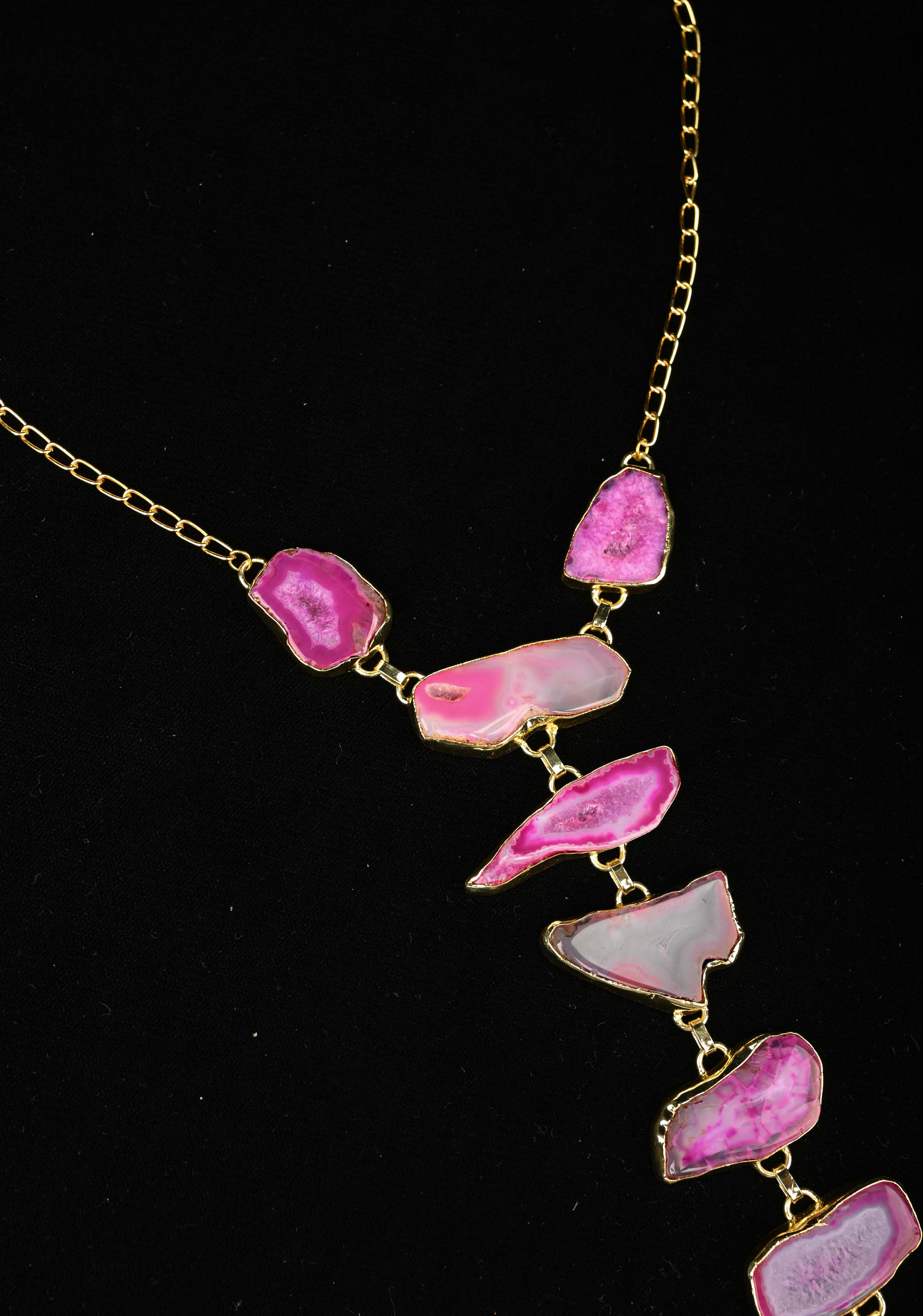 9 Tier Statement Shades of Pink Agate Stone Statement Necklace | Shobitam