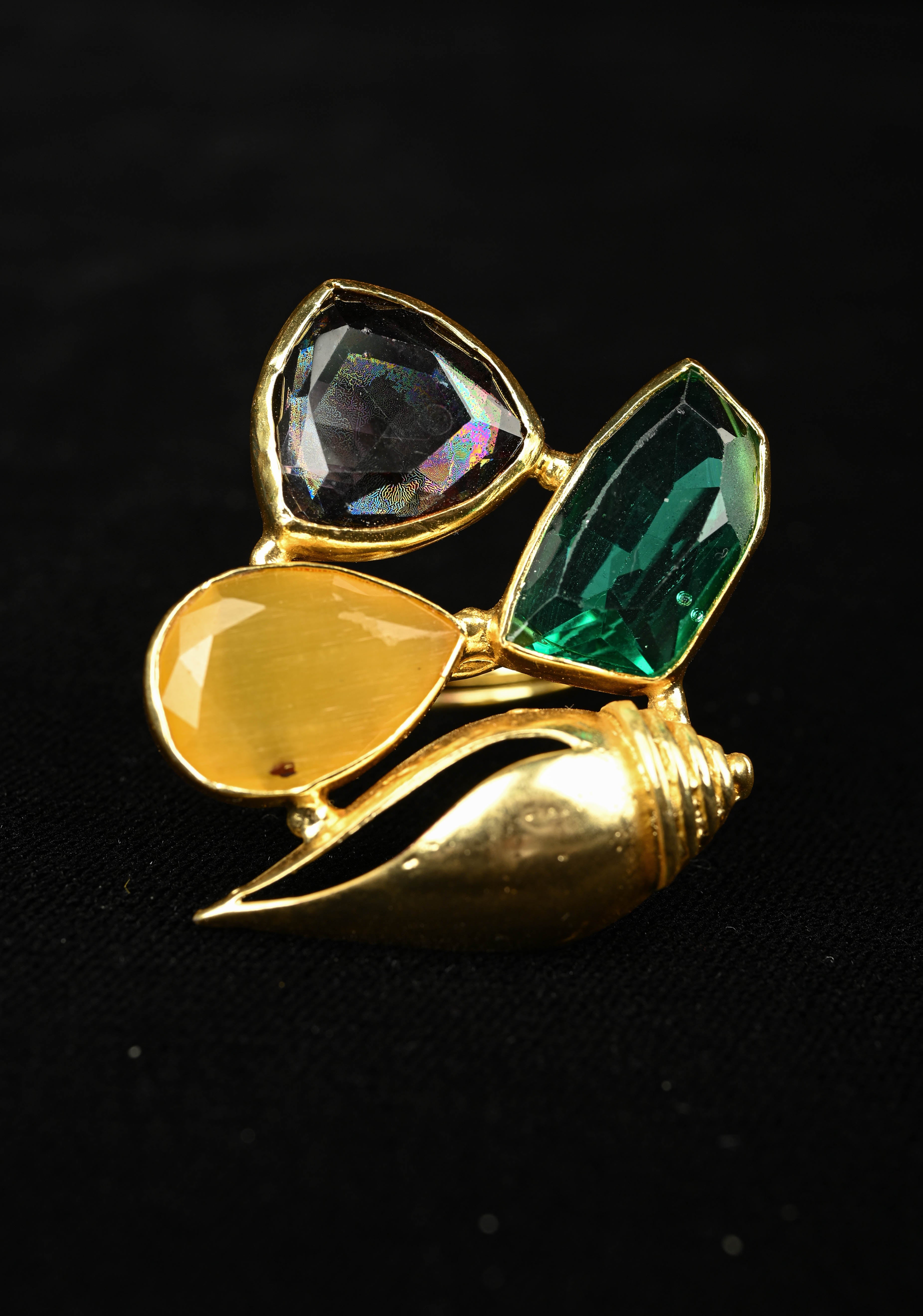 Ocean Theme Gold Tone Shell Motif Ring with Multicolor Glass stones | Shobitam
