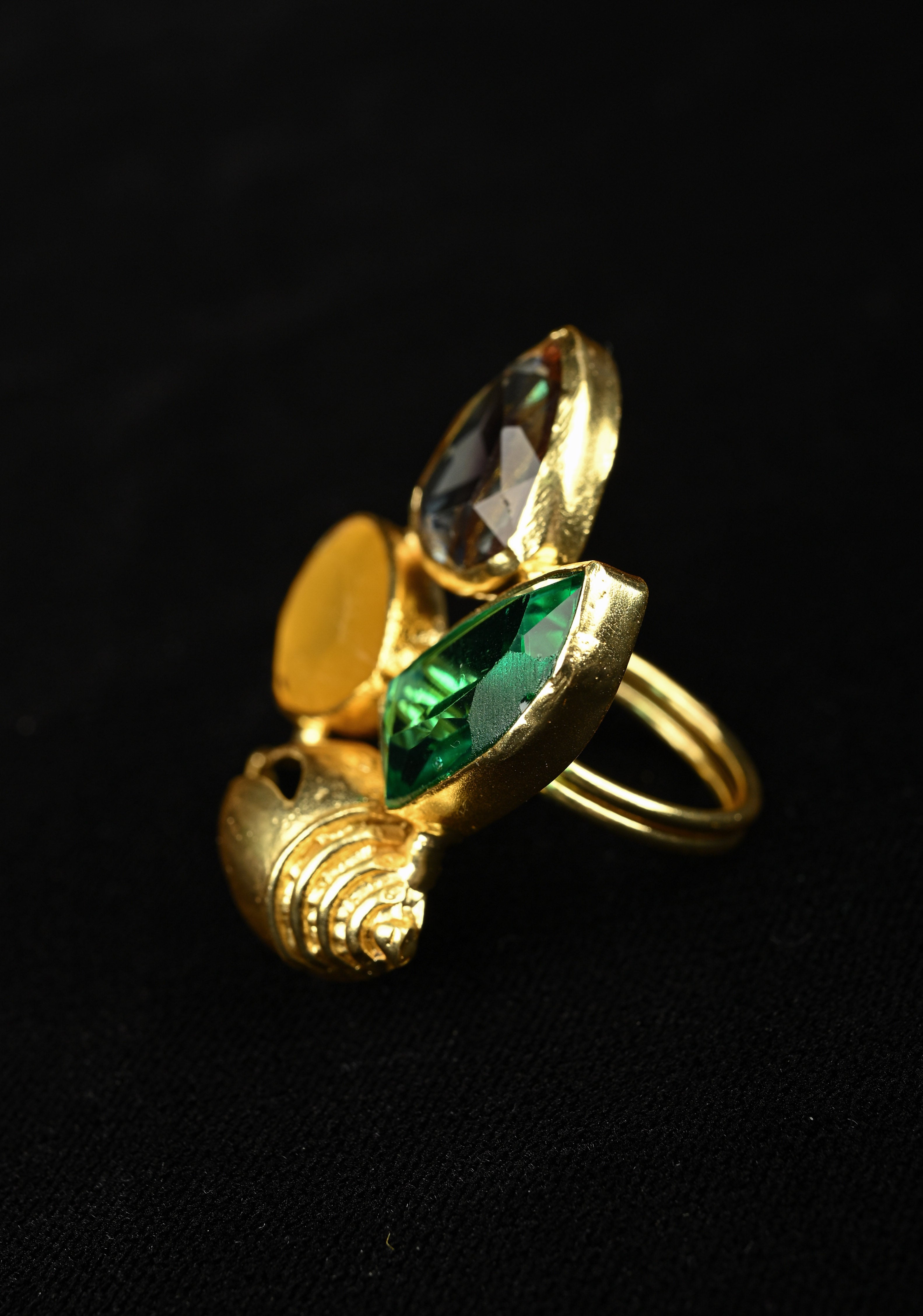 Ocean Theme Gold Tone Shell Motif Ring with Multicolor Glass stones | Shobitam
