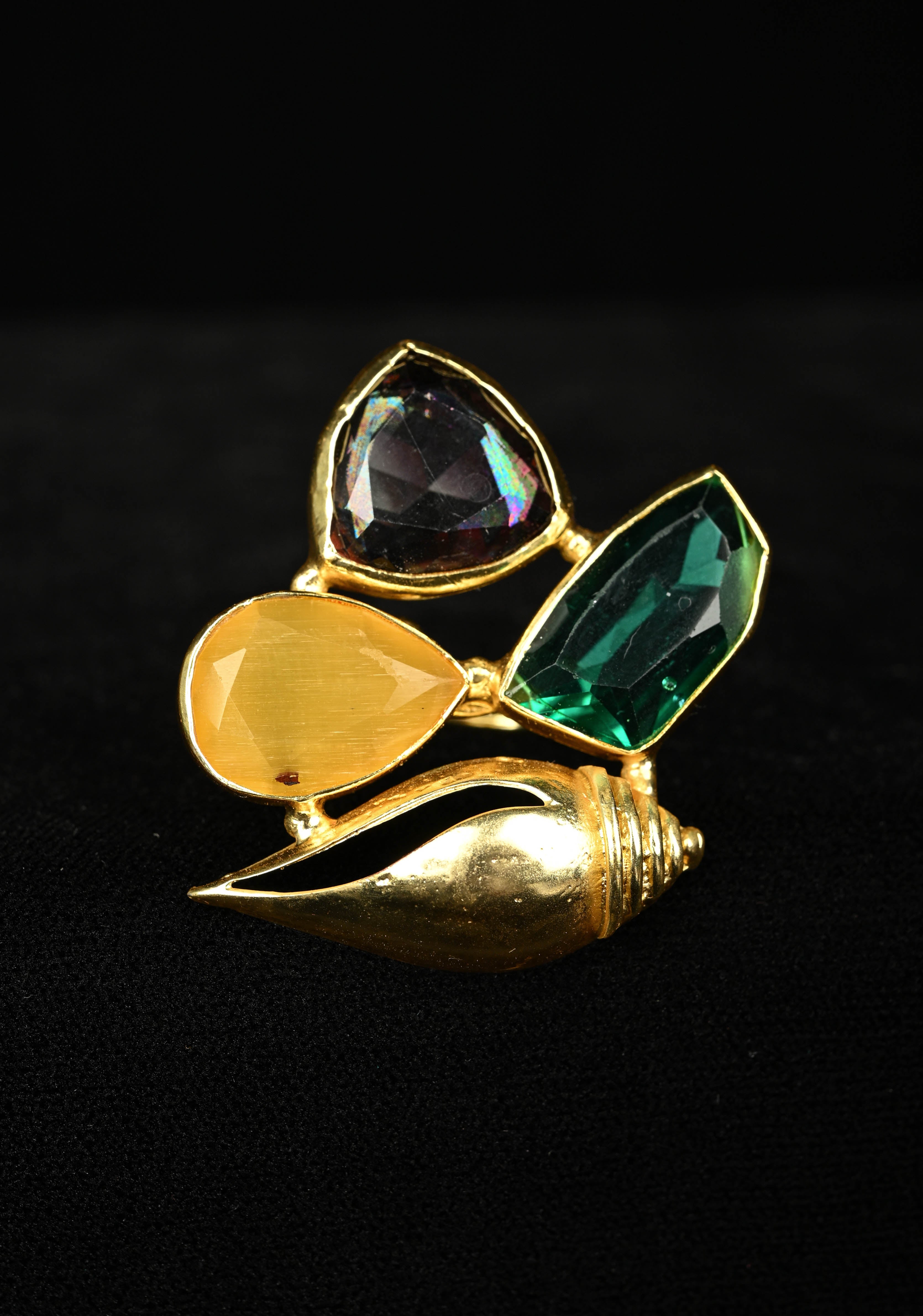 Ocean Theme Gold Tone Shell Motif Ring with Multicolor Glass stones | Shobitam