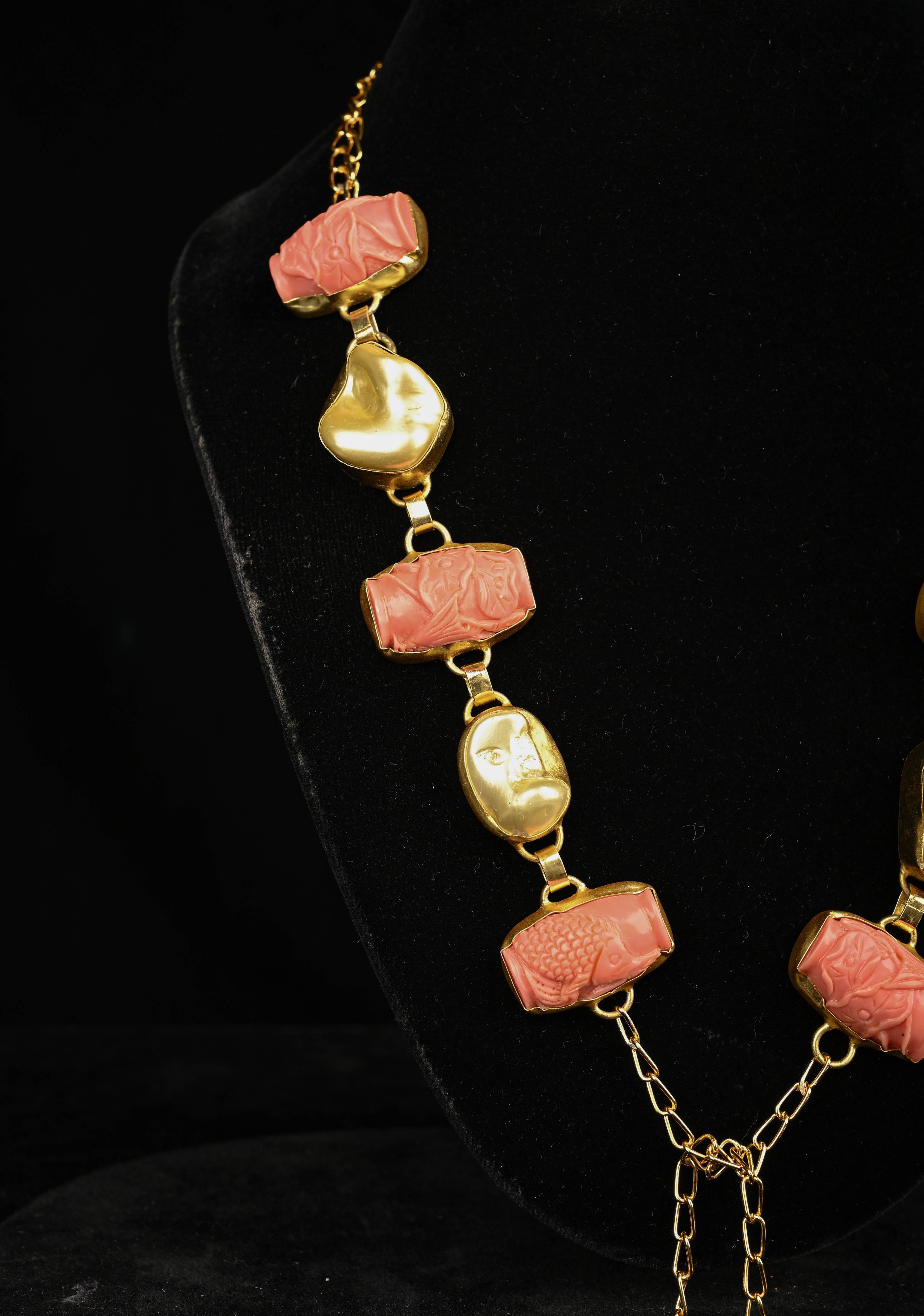 Yellow Pearl Tie Necklace with Carved Embellishments | Shobitam