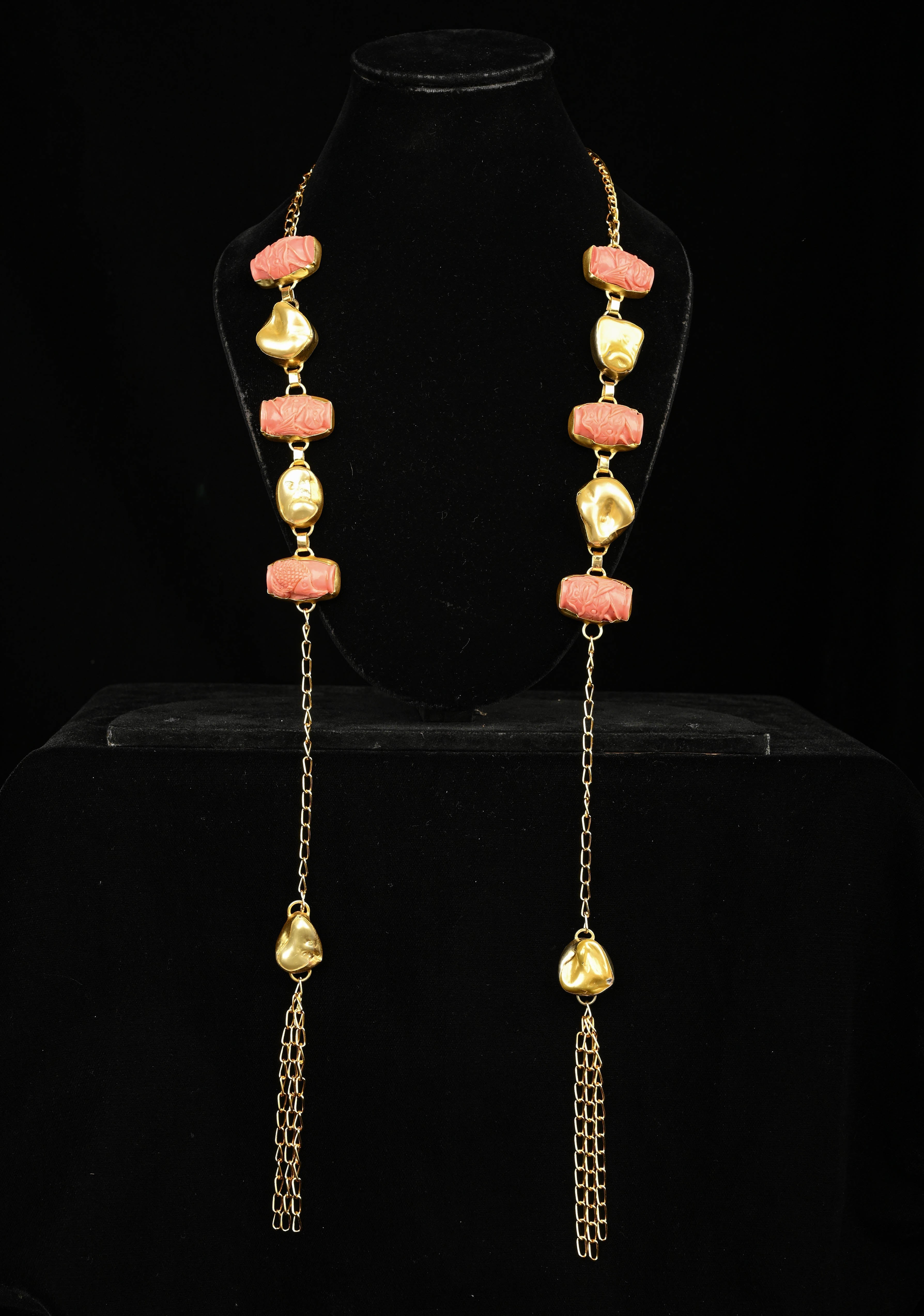 Yellow Pearl Tie Necklace with Carved Embellishments | Shobitam