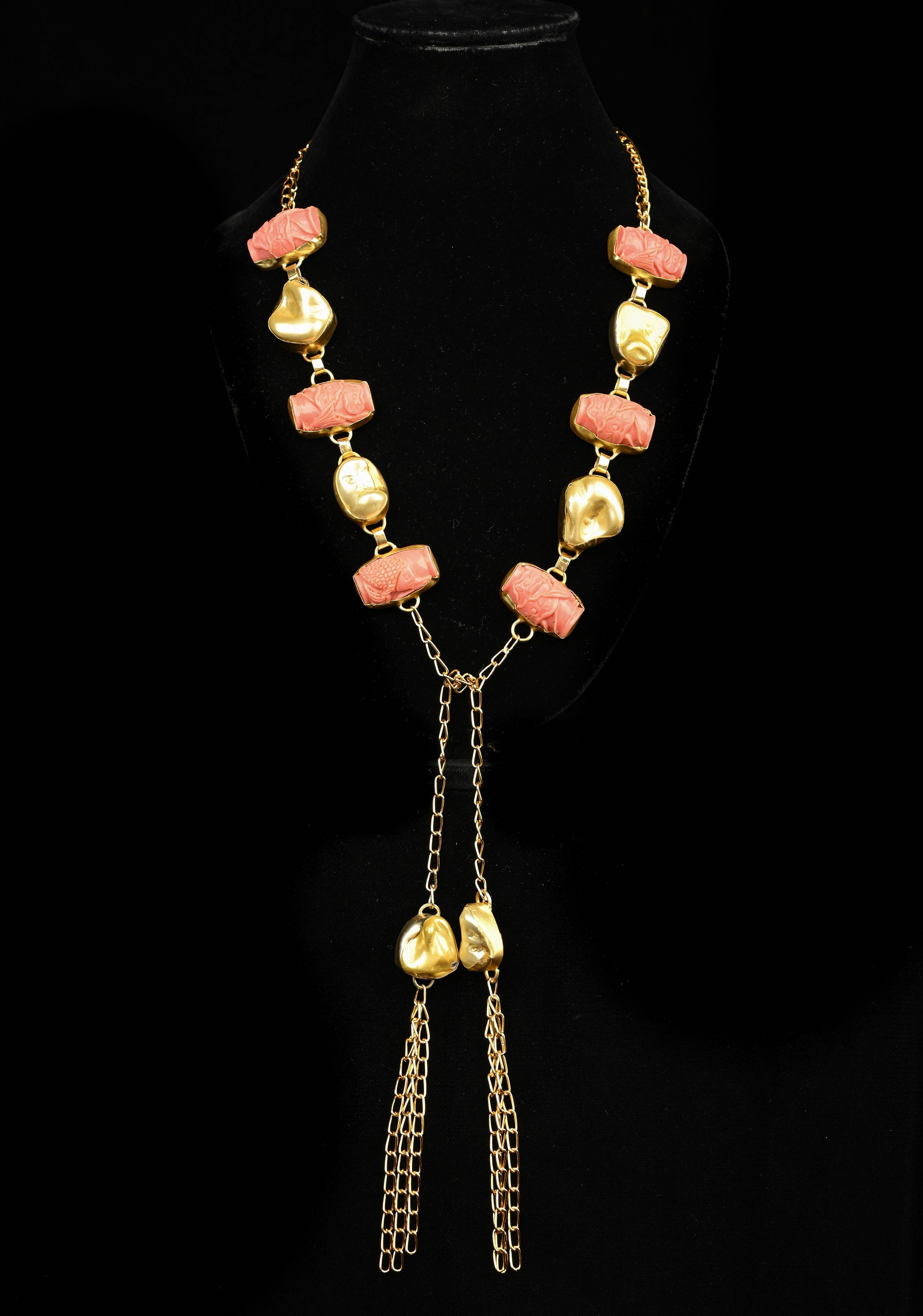 Yellow Pearl Tie Necklace with Carved Embellishments | Shobitam