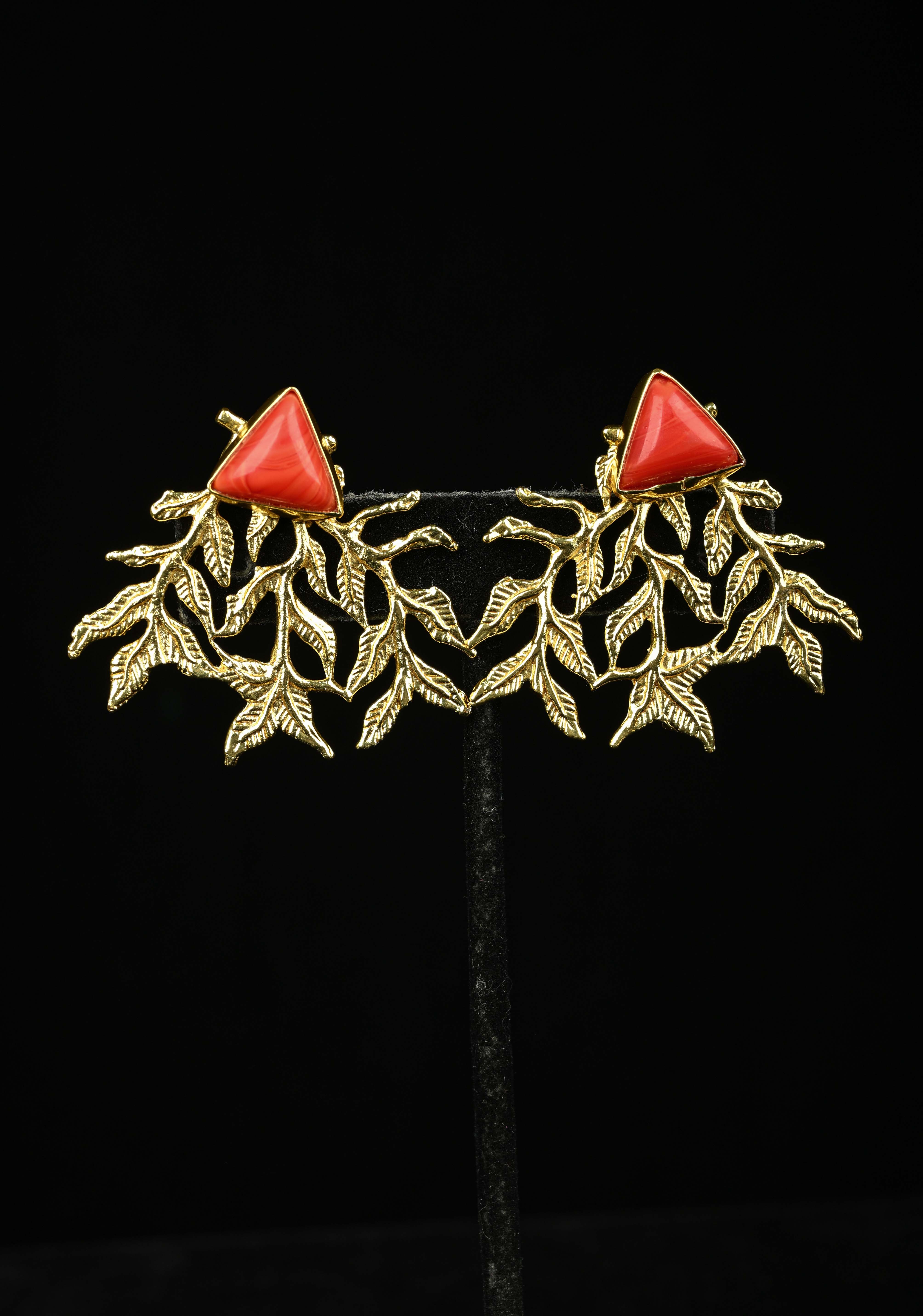 Stud Earring With Coral Triangular-Shaped Stone and Gold Leaf Design | Shobitam