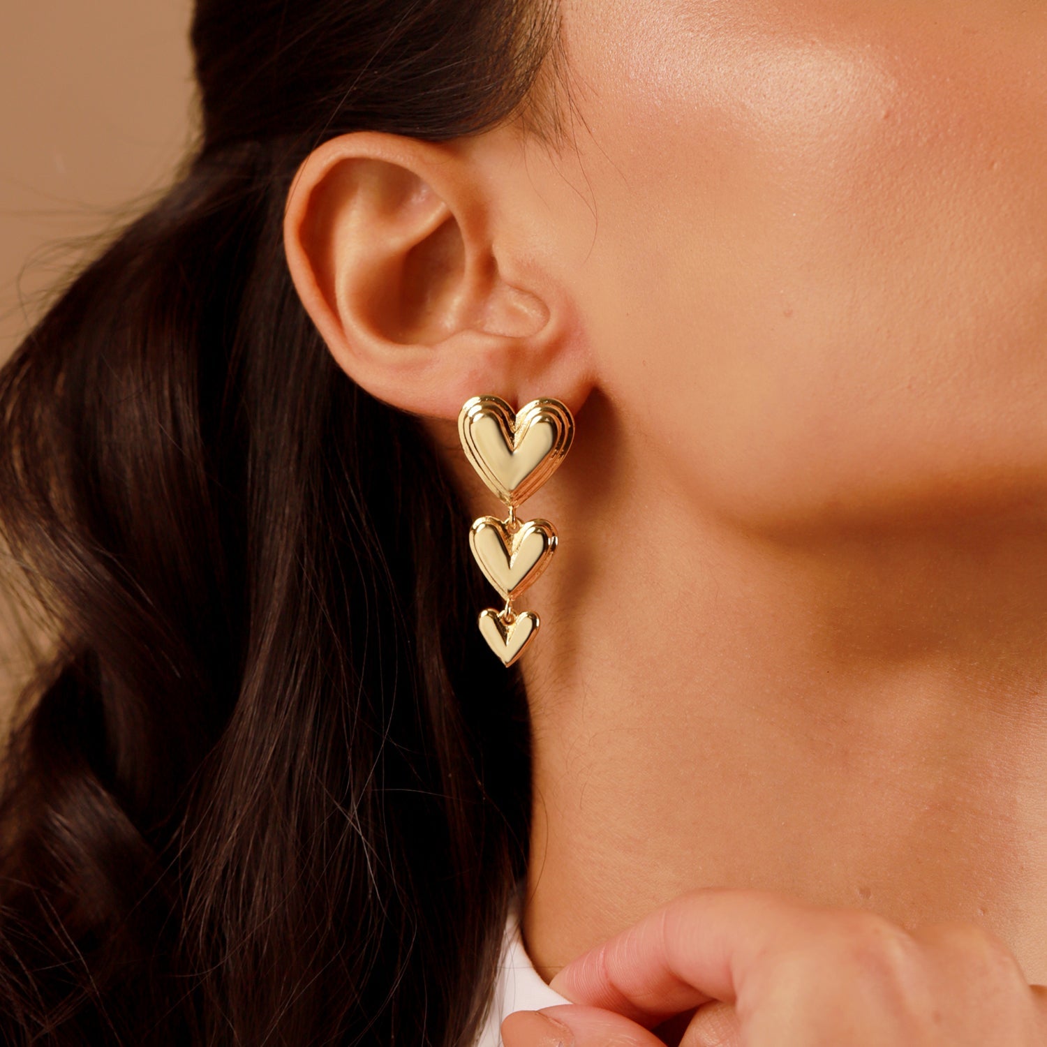 Valentine’s Day Triple Heartfall Gold Dangler Earrings | SHOBITAM