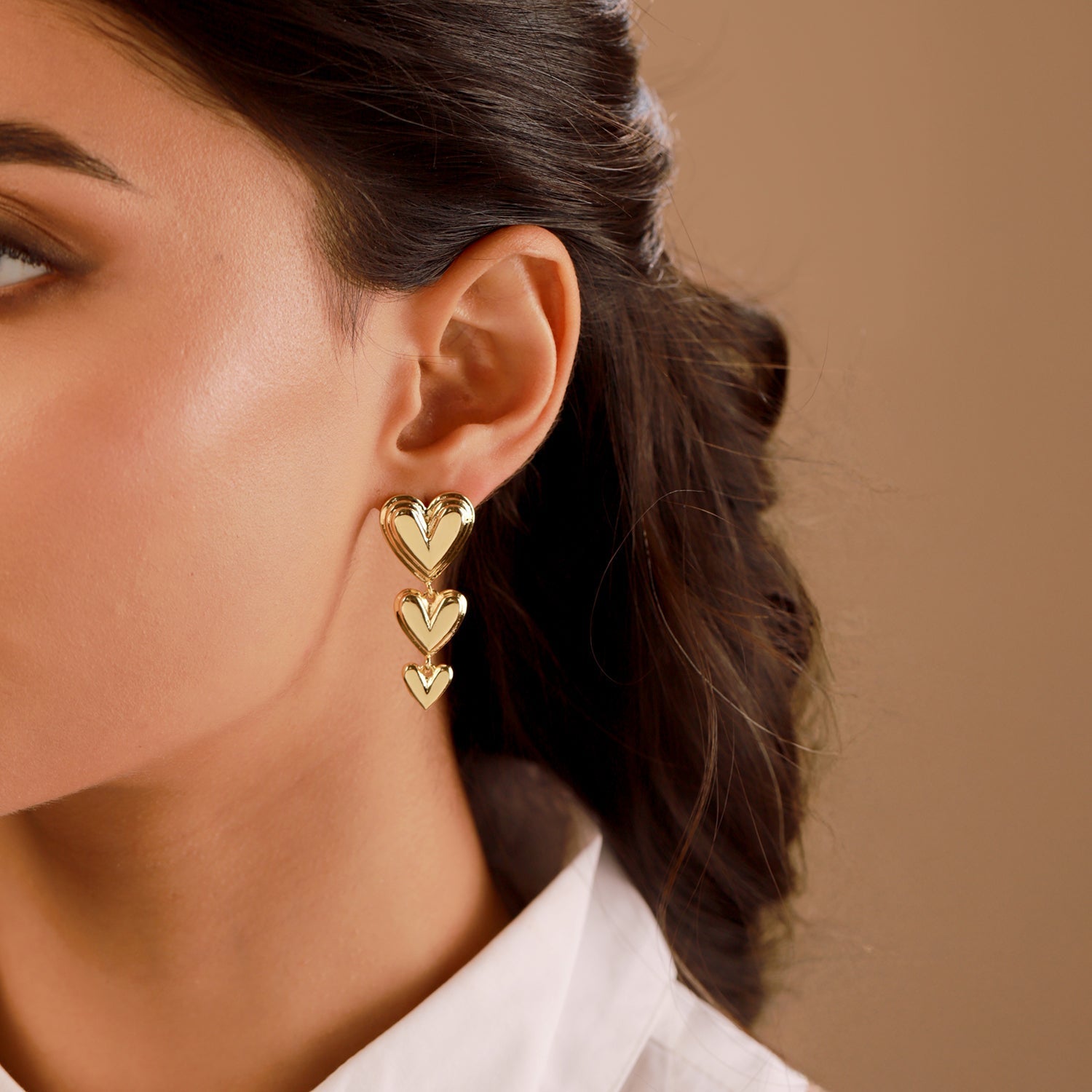 Valentine’s Day Triple Heartfall Gold Dangler Earrings | SHOBITAM