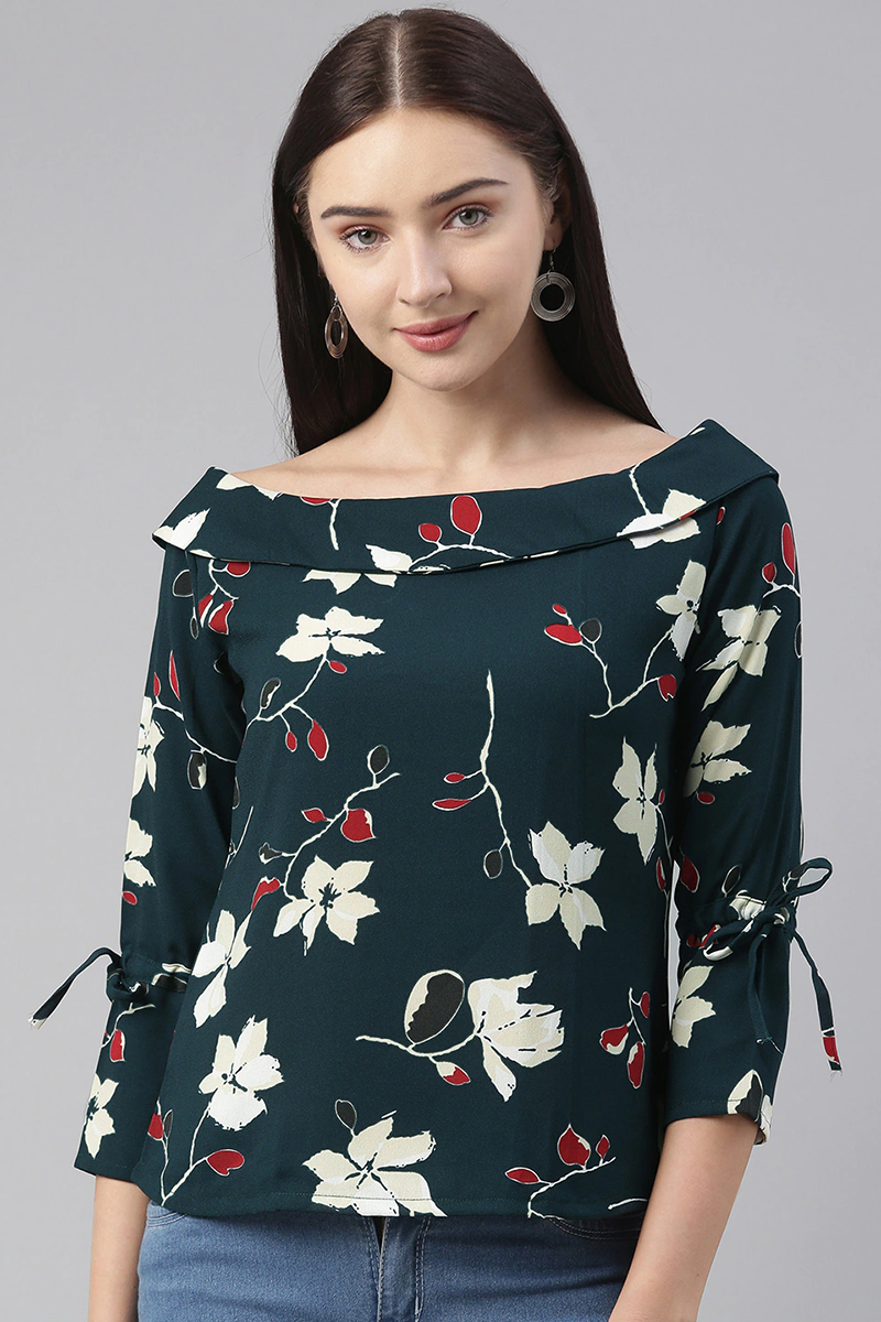 Teal Georgette Floral Printed Regular Top | SHOBITAM