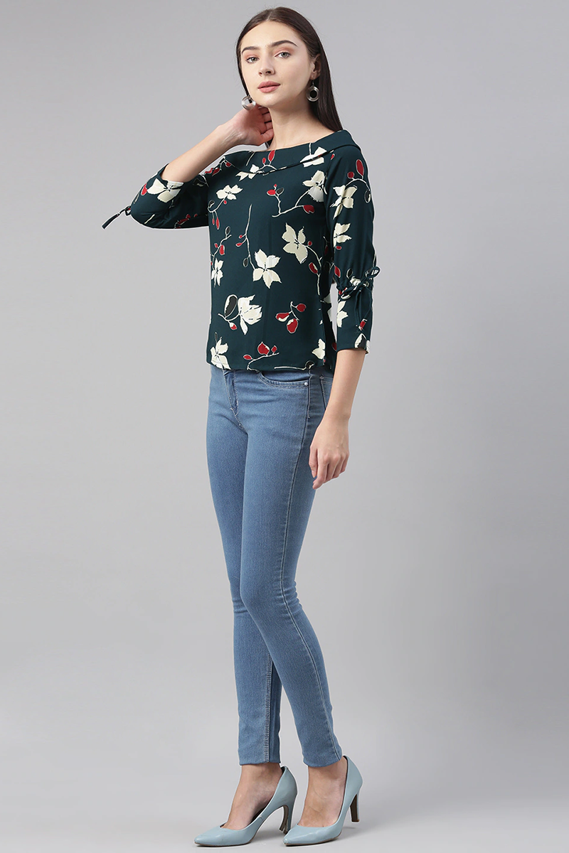 Teal Georgette Floral Printed Regular Top | SHOBITAM