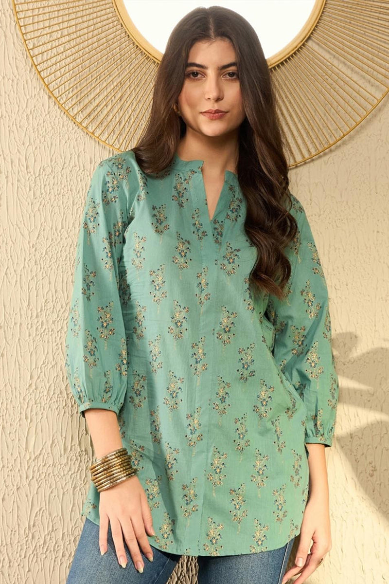 Sea Green Cotton Blend Floral Printed Regular Tunic | SHOBITAM