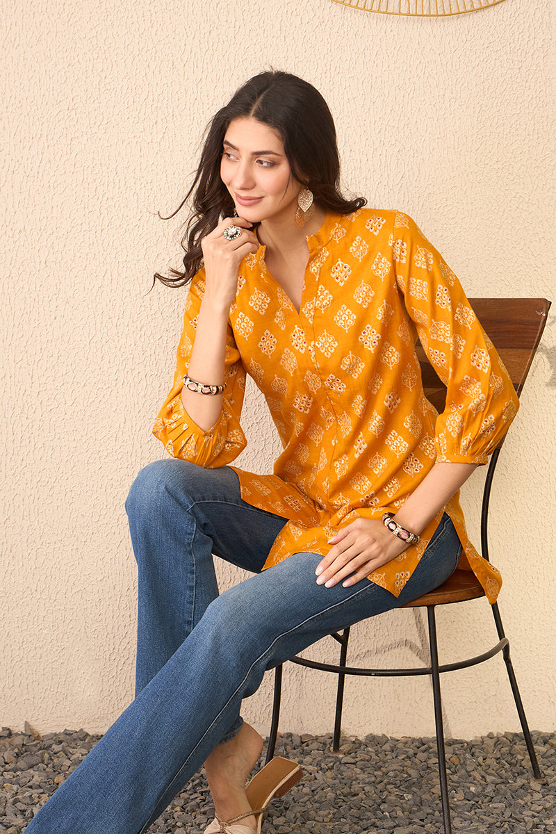 Yellow Cotton Blend Floral Printed Regular Top | SHOBITAM