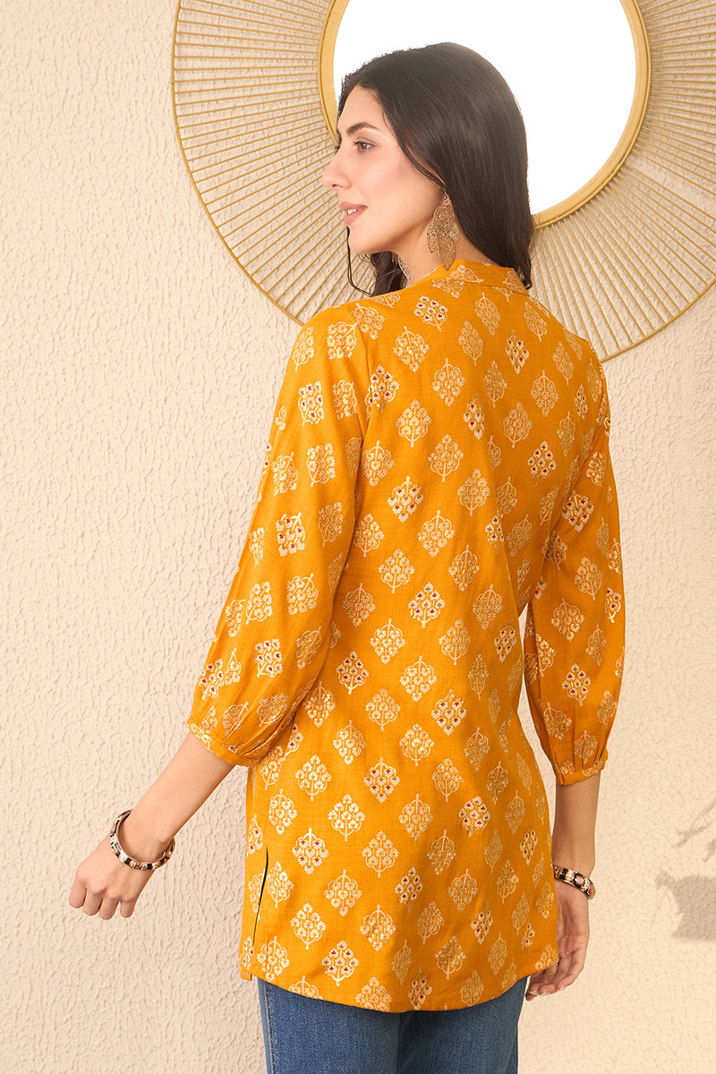 Yellow Cotton Blend Floral Printed Regular Top | SHOBITAM