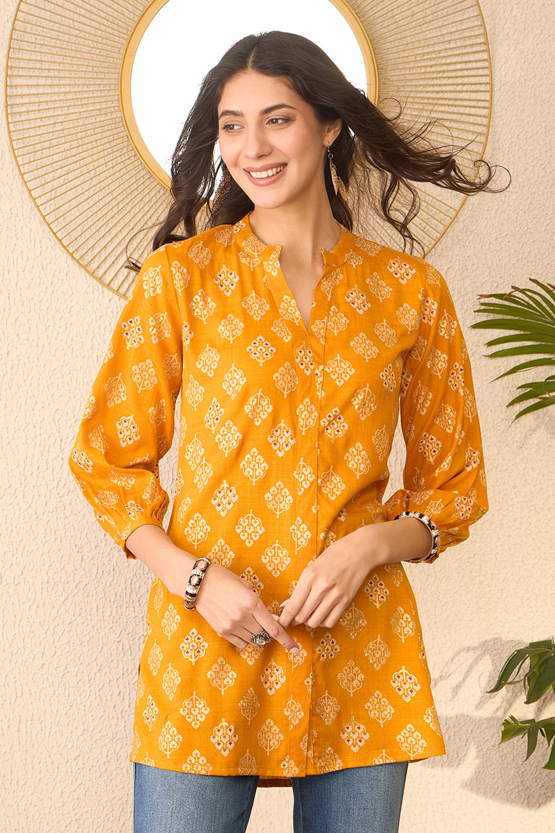 Yellow Cotton Blend Floral Printed Regular Top | SHOBITAM