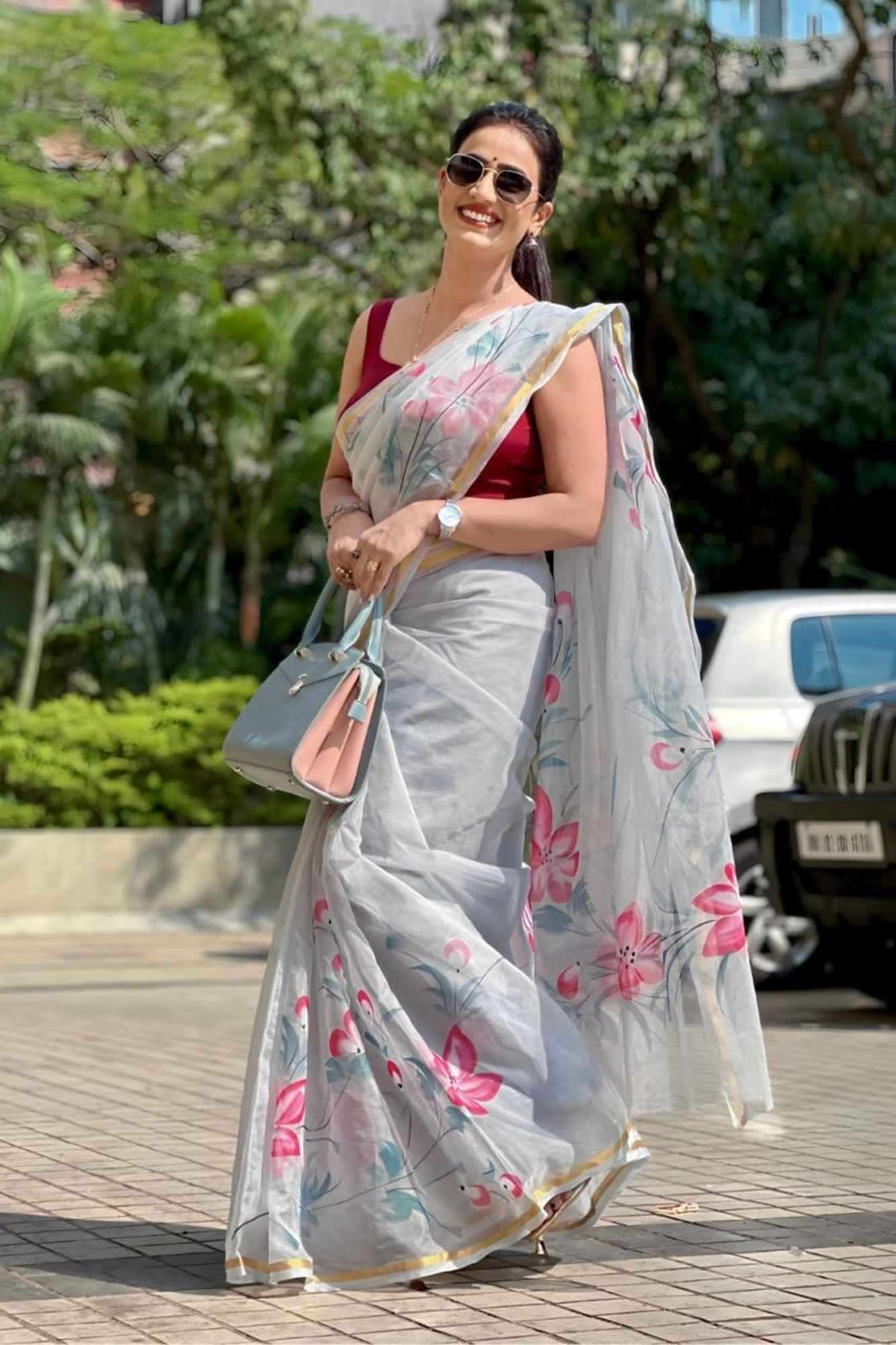 Light Grey Organza with Red Floral Hand-Painting and Golden Border Ready To Wear Saree