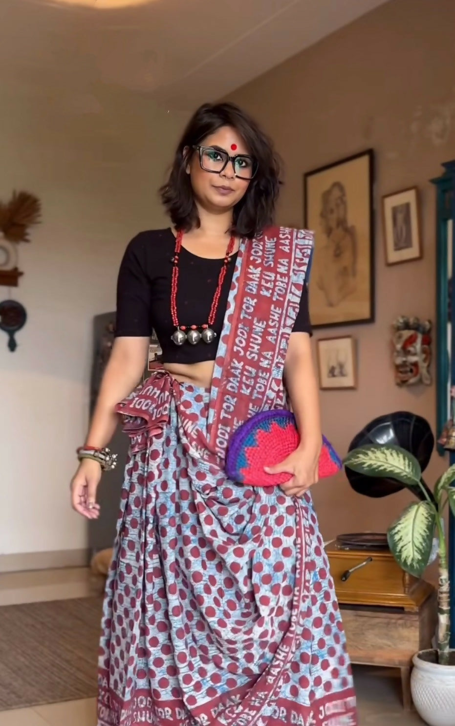Muted Bluev Polka Nostalgia Ekla Cholo Dabu Block Printed Cotton Saree | Shobitam