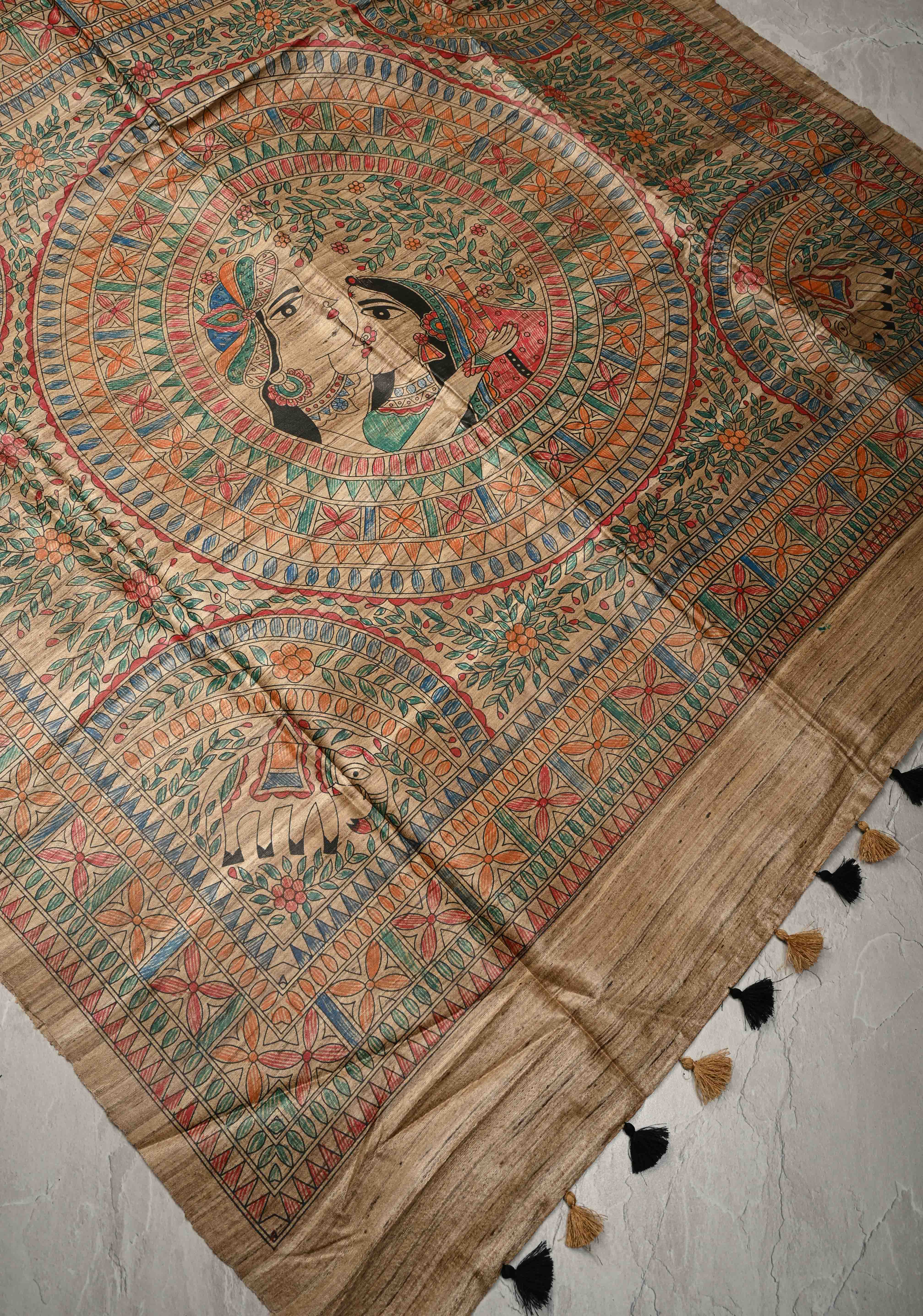 Beige Desi Tussar Madhubani Hand-Painted Saree | SILK MARK CERTIFIED | Shobitam