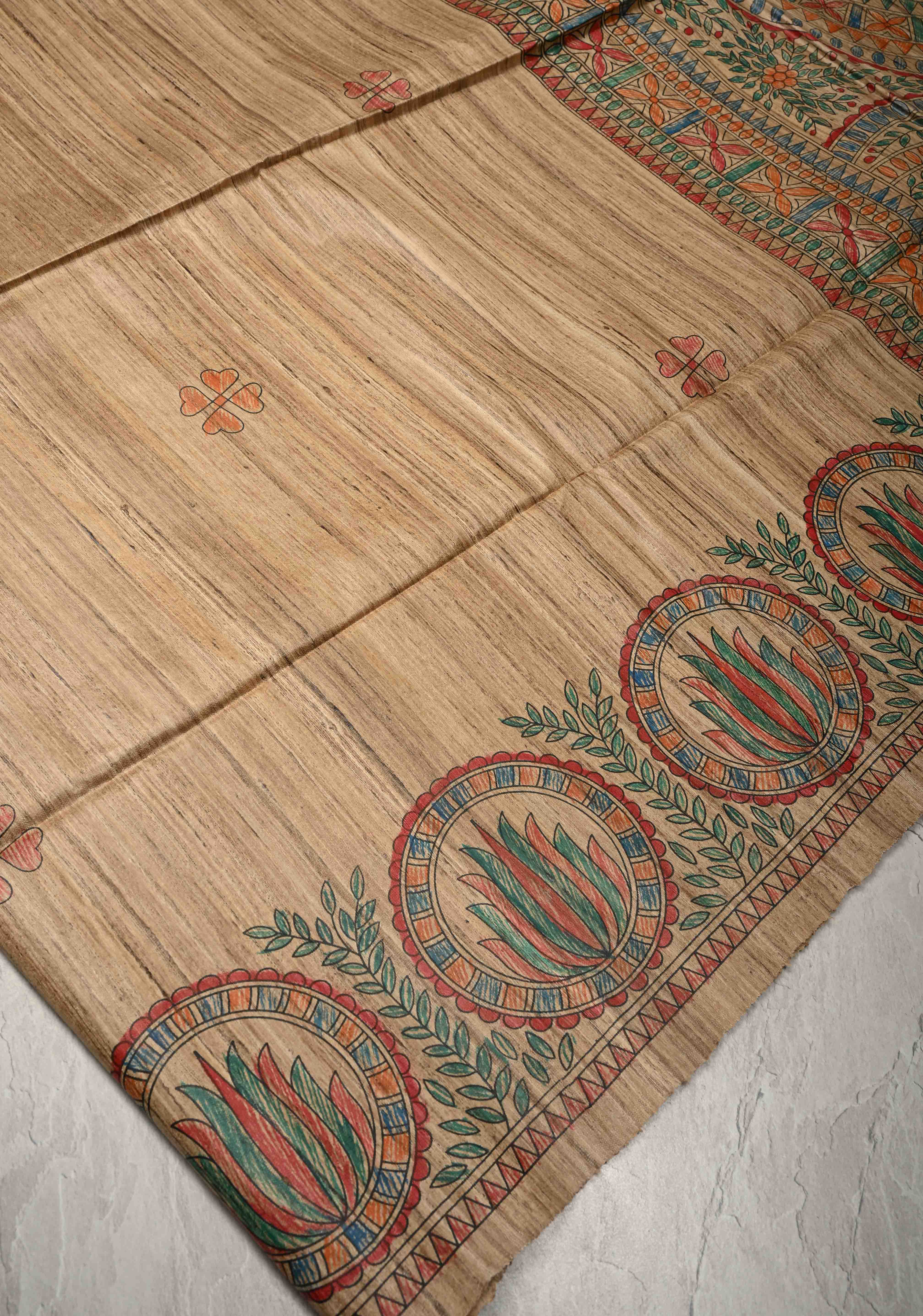 Beige Desi Tussar Madhubani Hand-Painted Saree | SILK MARK CERTIFIED | Shobitam