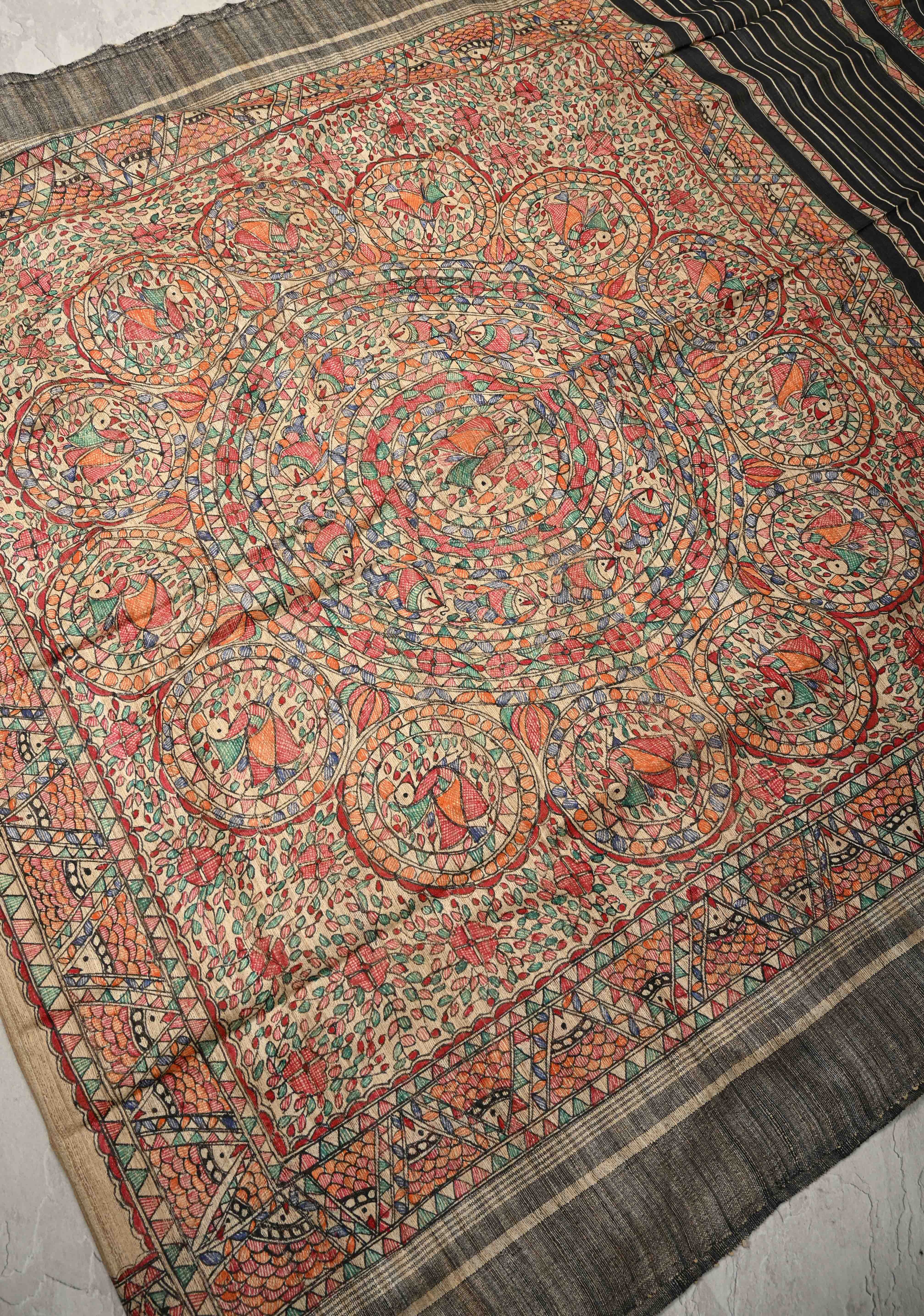 Beige Desi Tussar Madhubani Hand-Painted Saree | SILK MARK CERTIFIED | Shobitam
