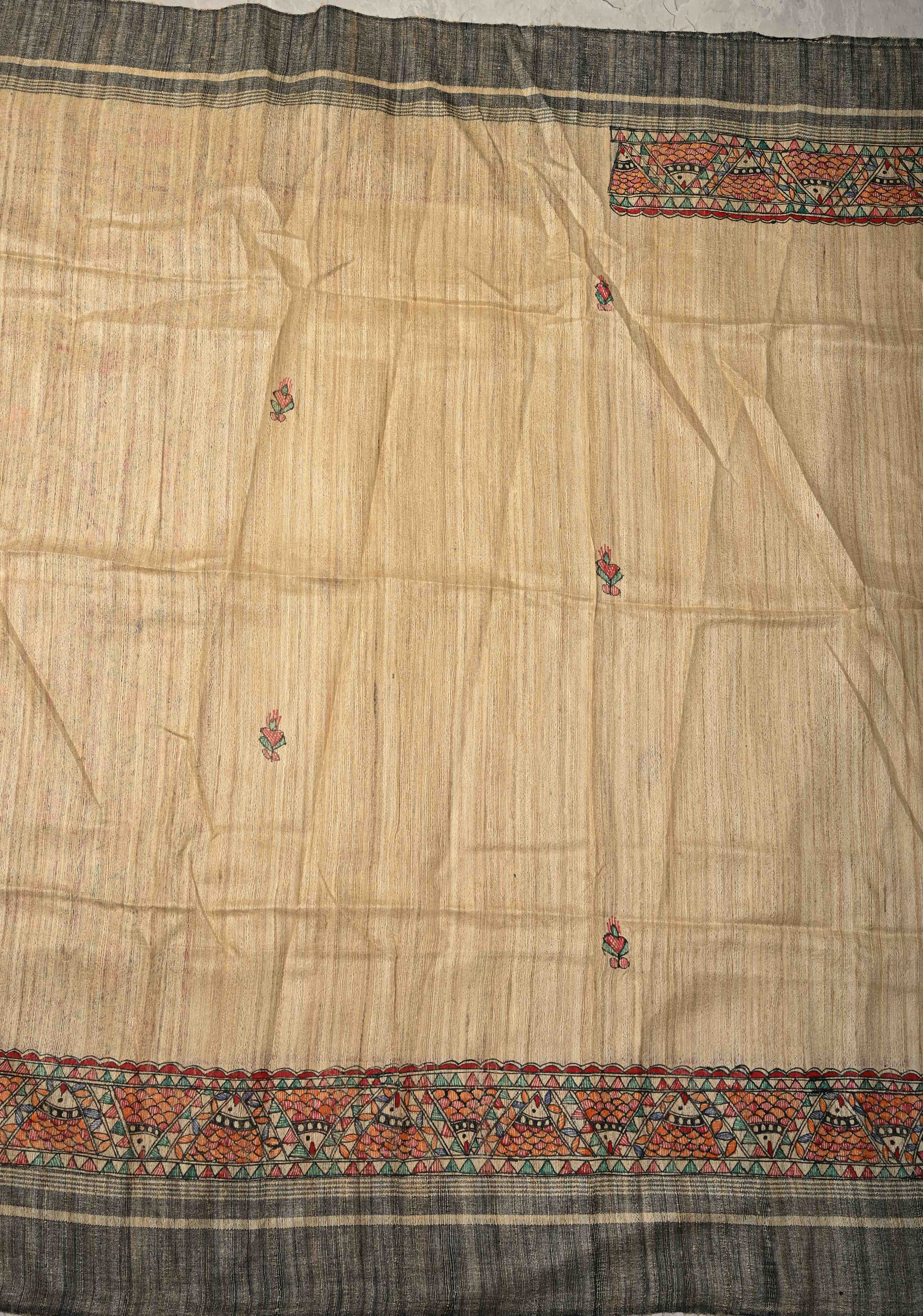 Beige Desi Tussar Madhubani Hand-Painted Saree | SILK MARK CERTIFIED | Shobitam