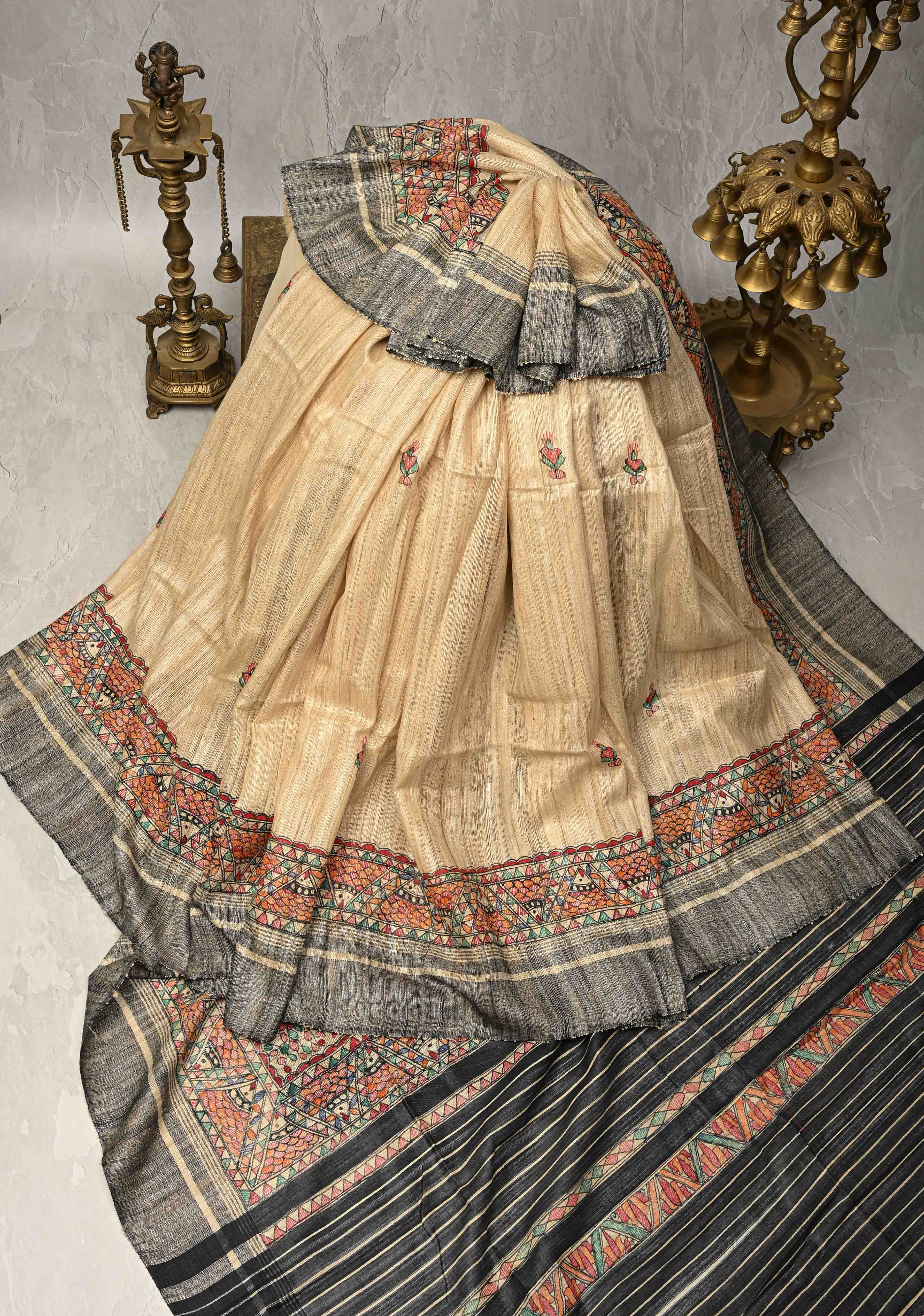 Beige Desi Tussar Madhubani Hand-Painted Saree | SILK MARK CERTIFIED | Shobitam