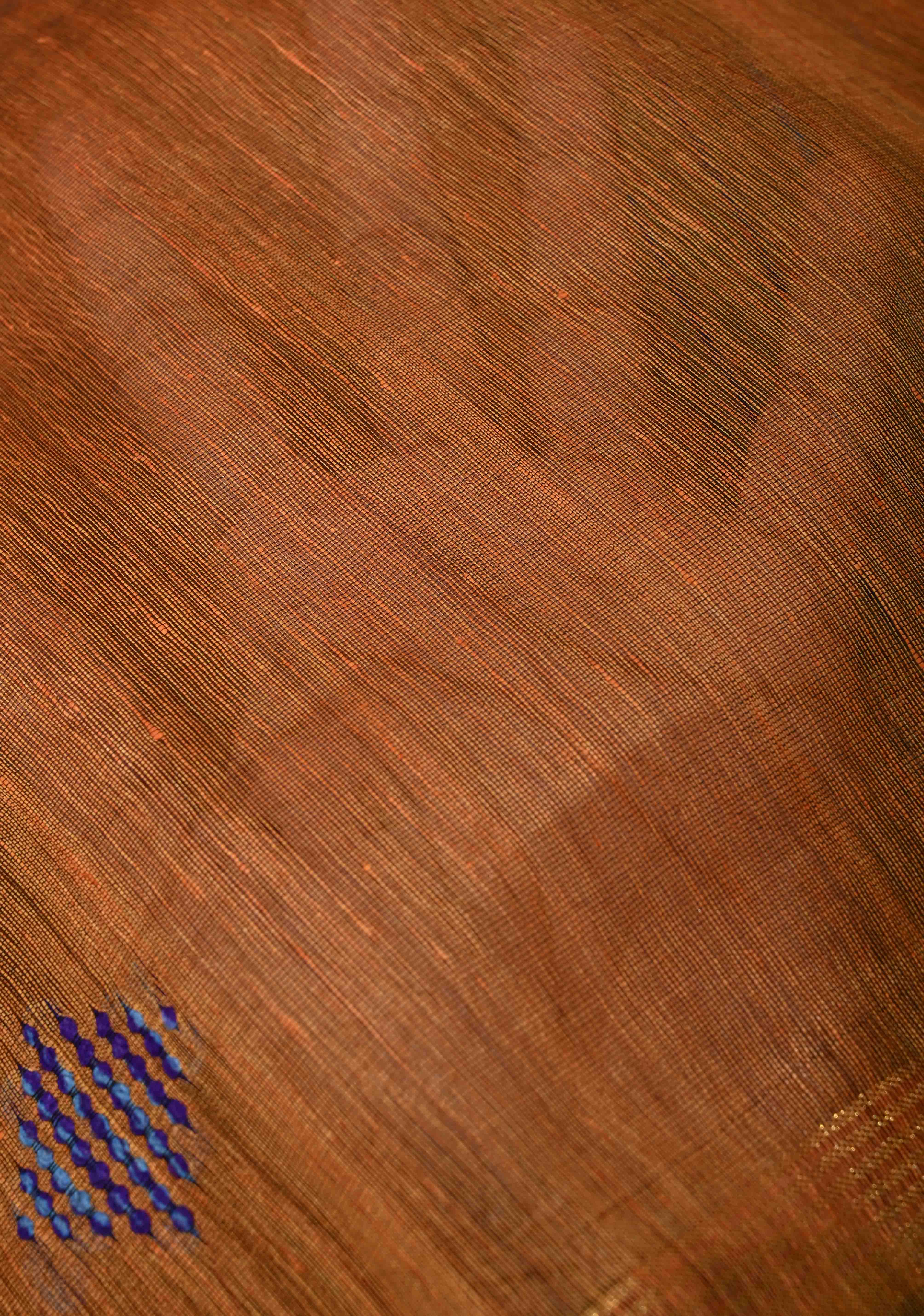 Rust Orange Handwoven Silk Linen Saree with Thread Buttas and Muted Zari Border | Shobitam