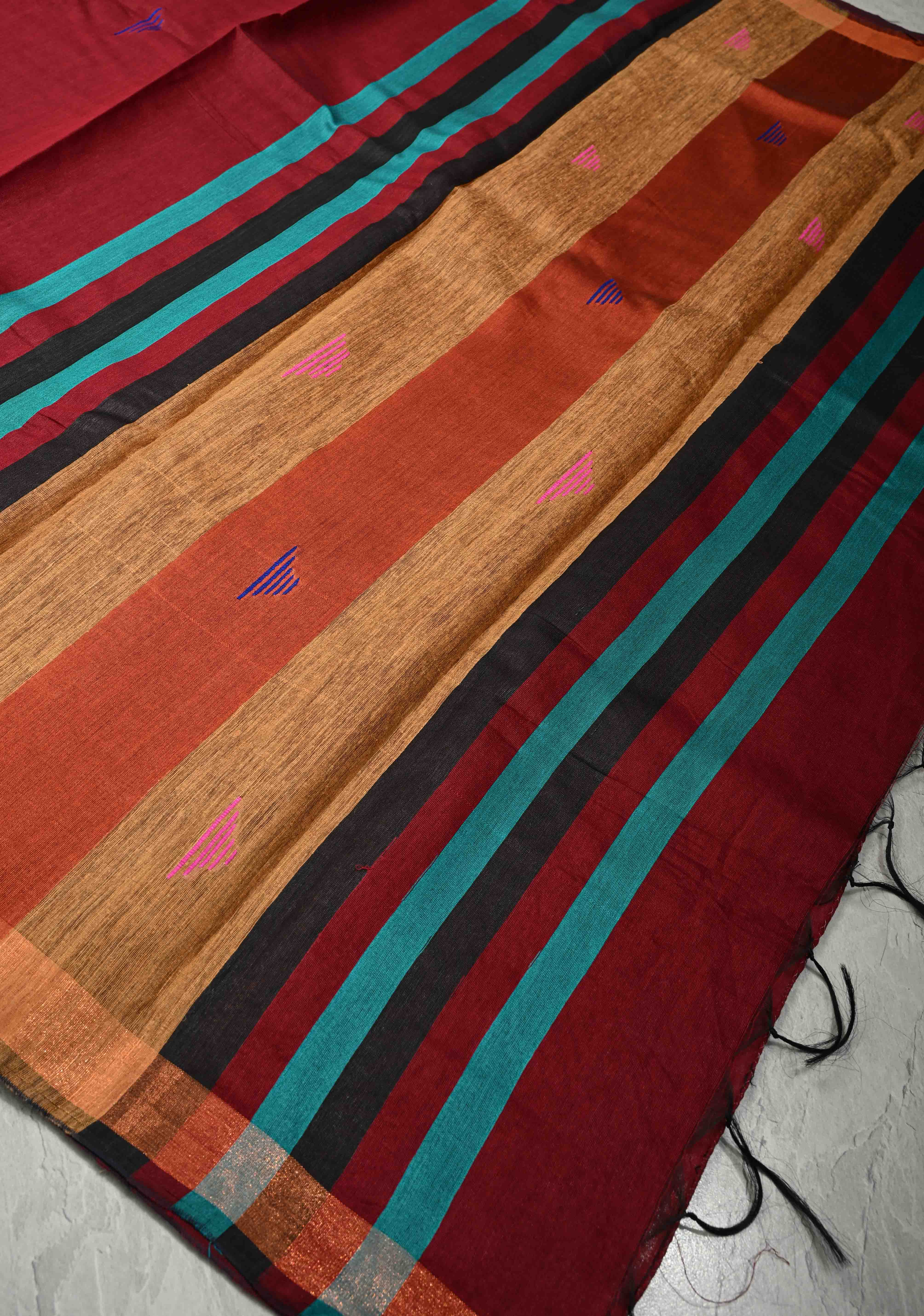 Deep Maroon Handwoven Silk Linen Saree with Meenakari Thread Buttas and Muted Minimal Zari Border | Shobitam