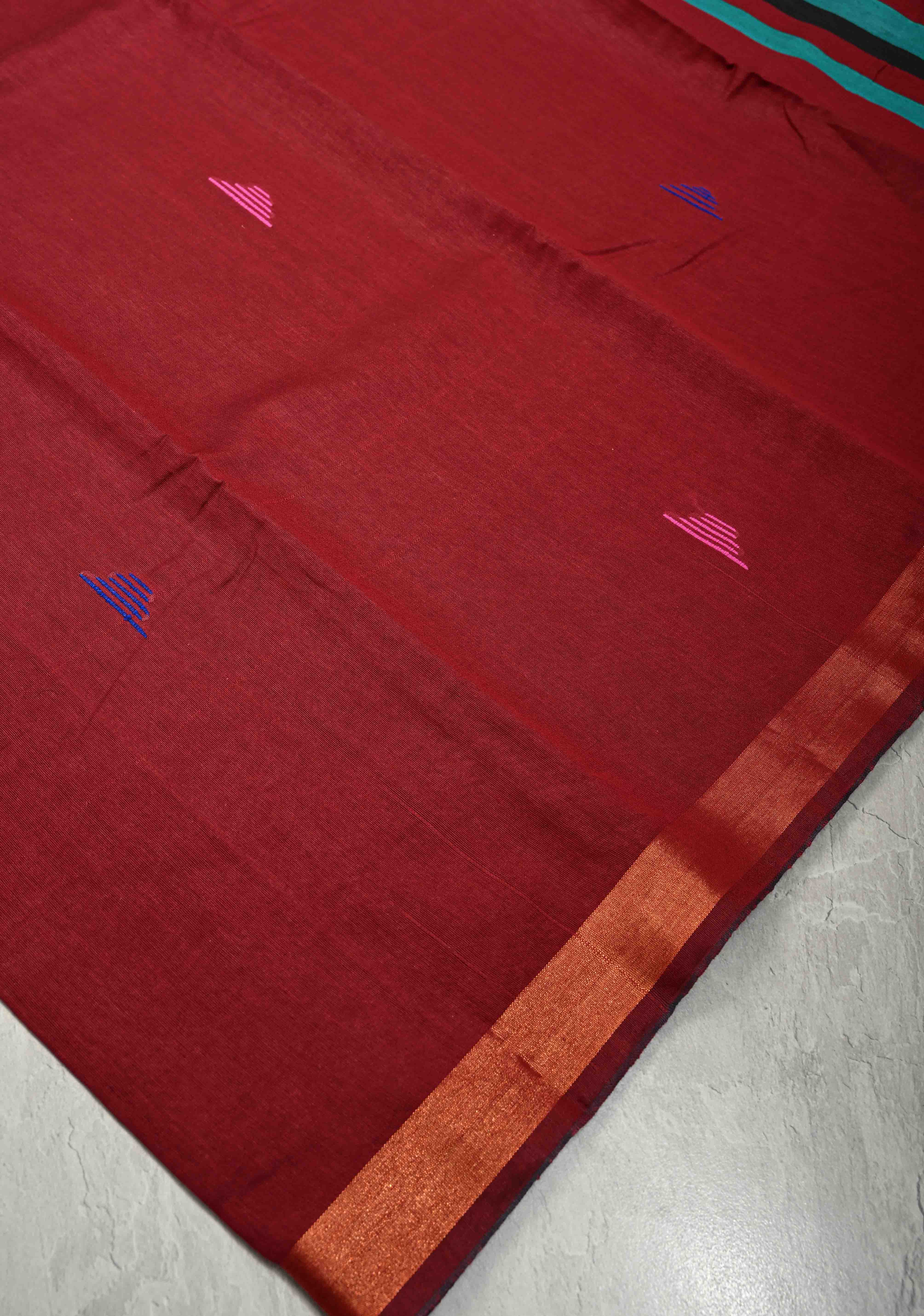 Deep Maroon Handwoven Silk Linen Saree with Meenakari Thread Buttas and Muted Minimal Zari Border | Shobitam