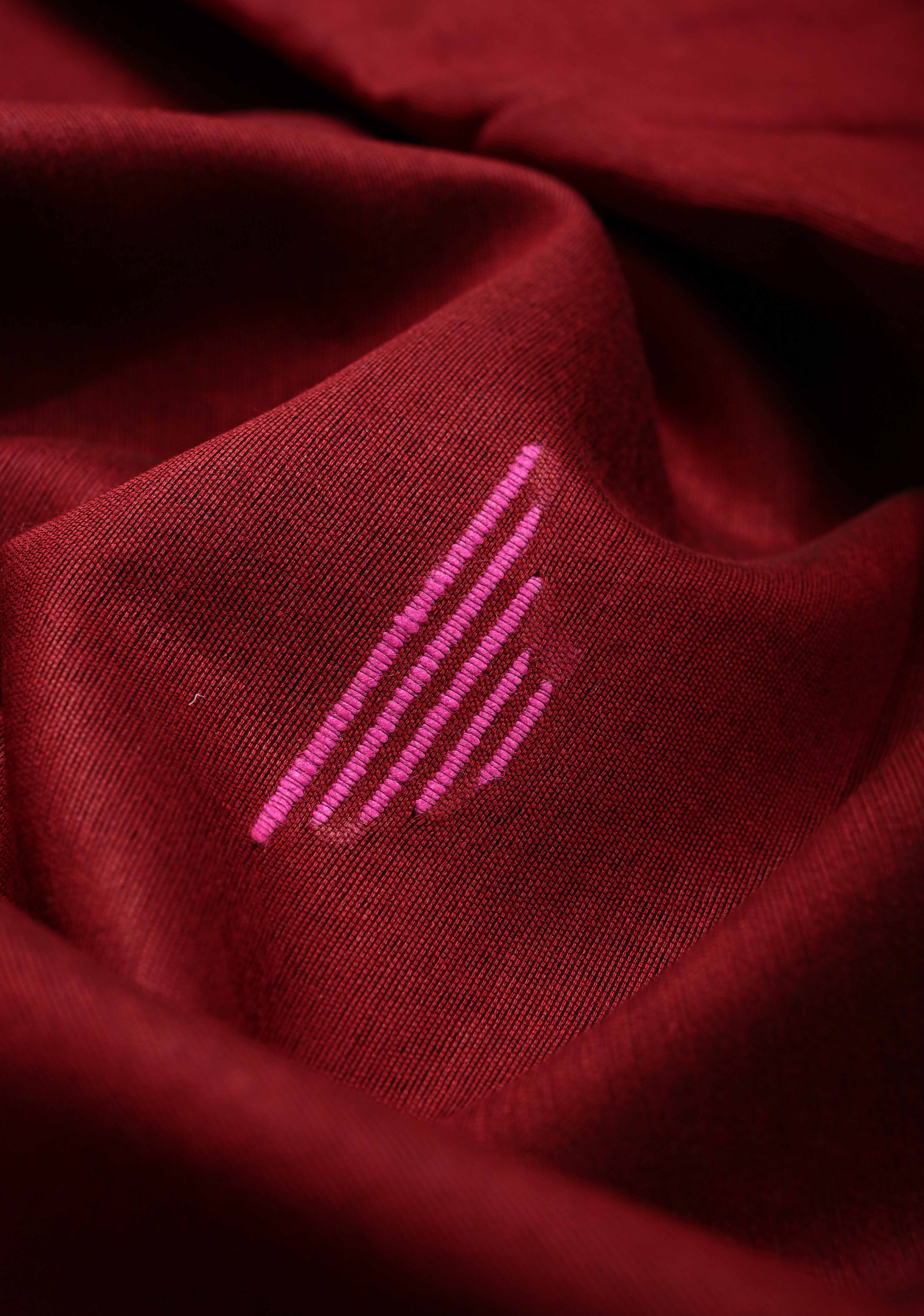 Deep Maroon Handwoven Silk Linen Saree with Meenakari Thread Buttas and Muted Minimal Zari Border | Shobitam