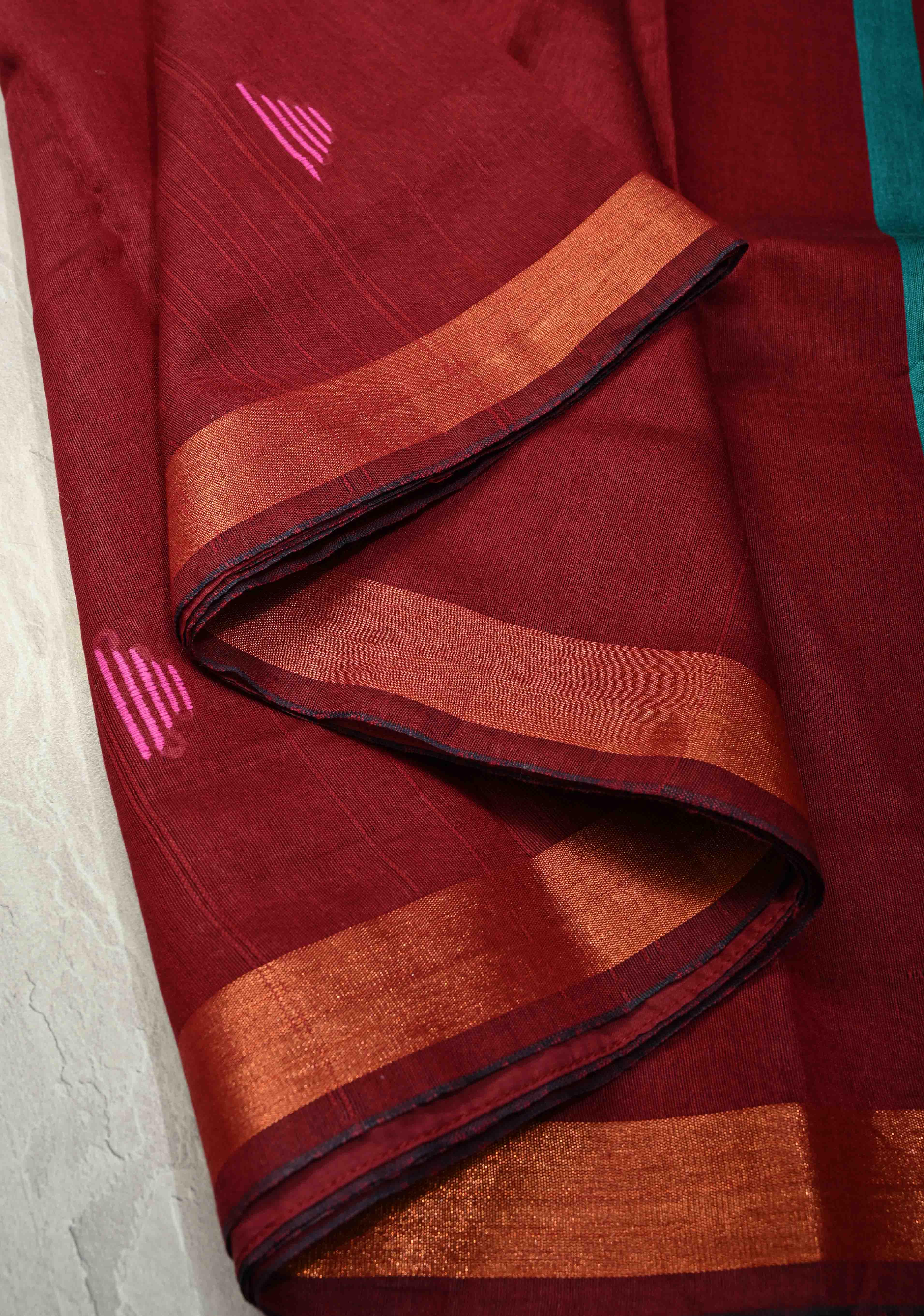 Deep Maroon Handwoven Silk Linen Saree with Meenakari Thread Buttas and Muted Minimal Zari Border | Shobitam