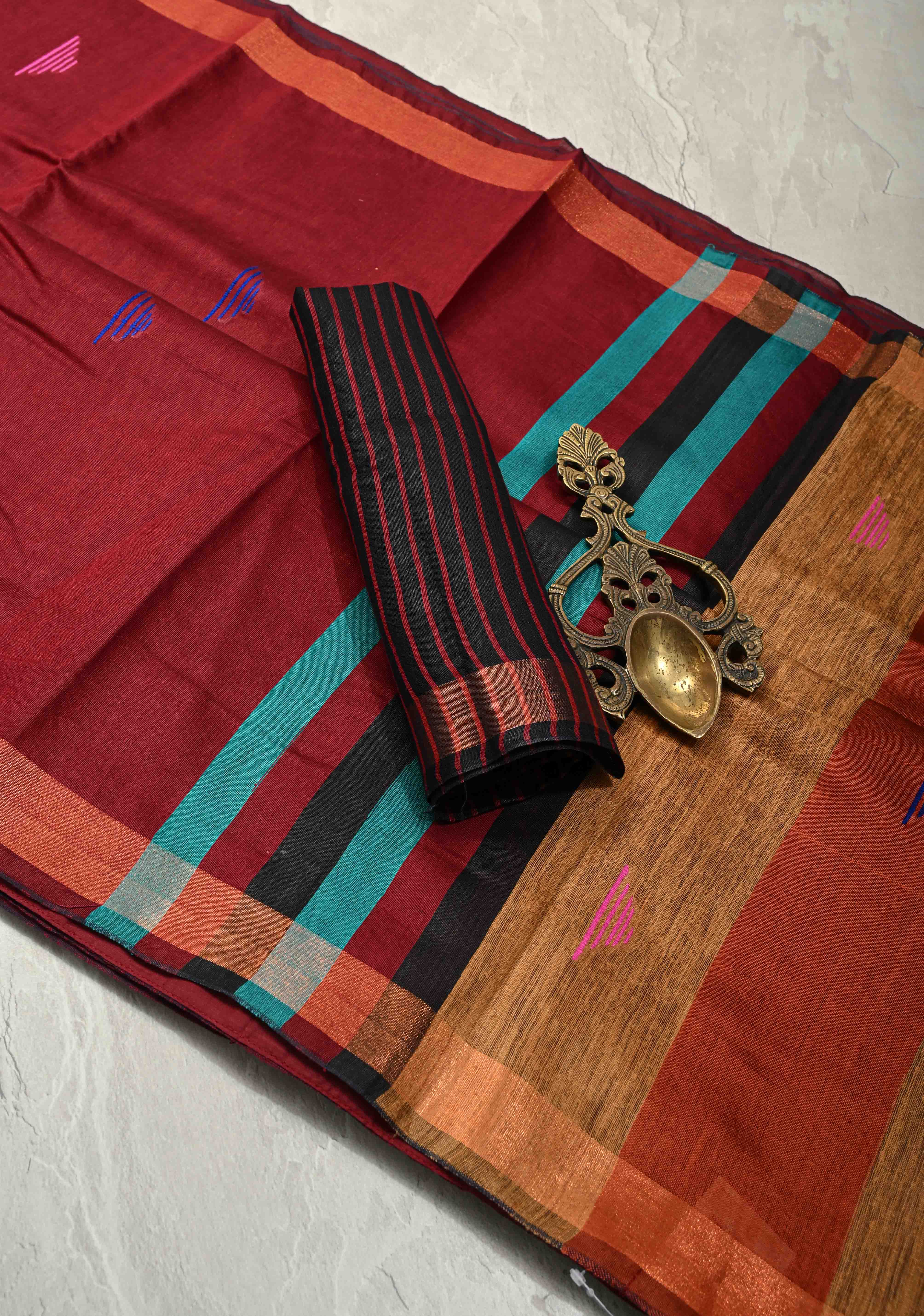 Deep Maroon Handwoven Silk Linen Saree with Meenakari Thread Buttas and Muted Minimal Zari Border | Shobitam
