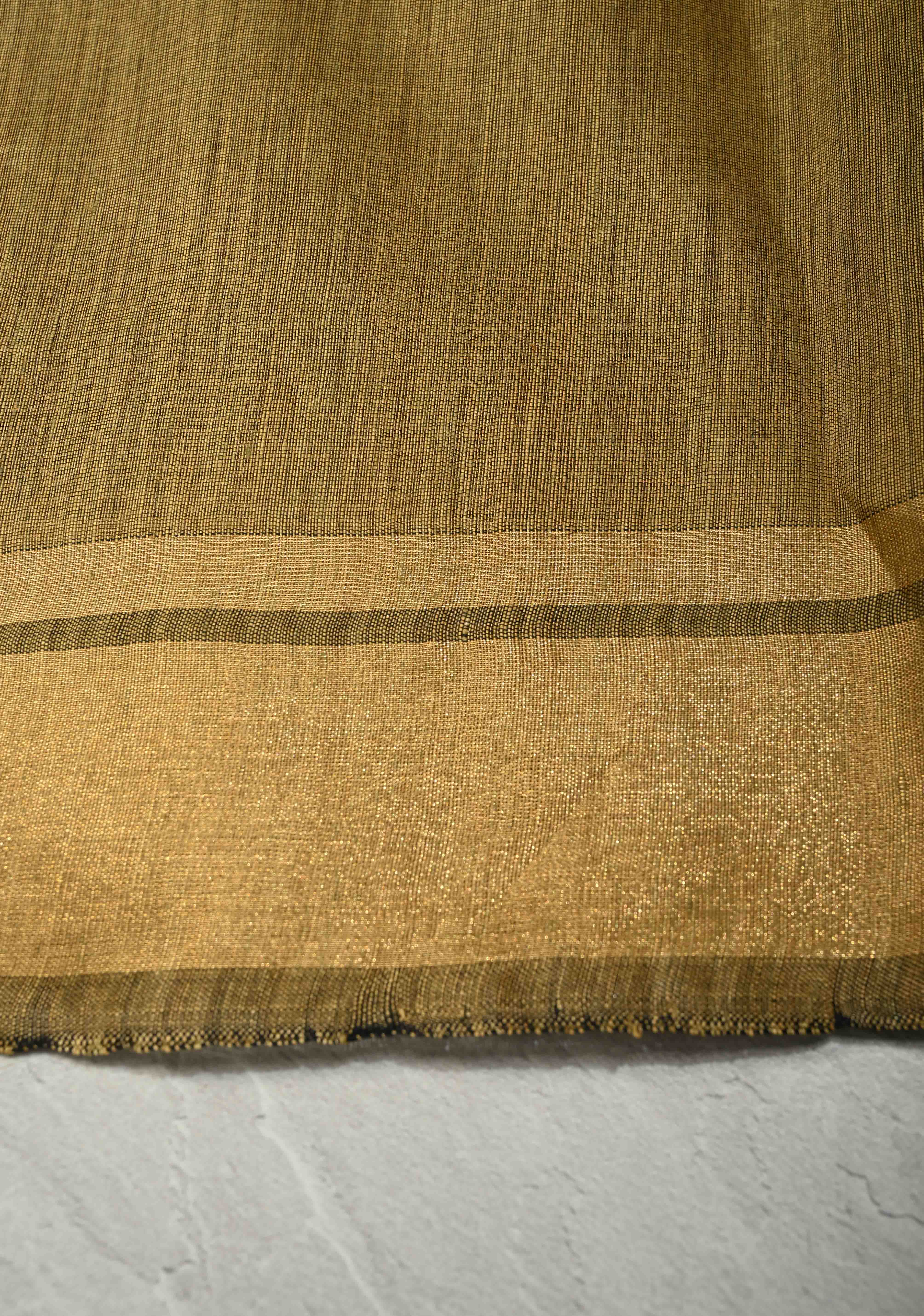 Mustard Orange Handwoven Silk Linen Saree with Thread Buttas and Muted Zari Border | Shobitam