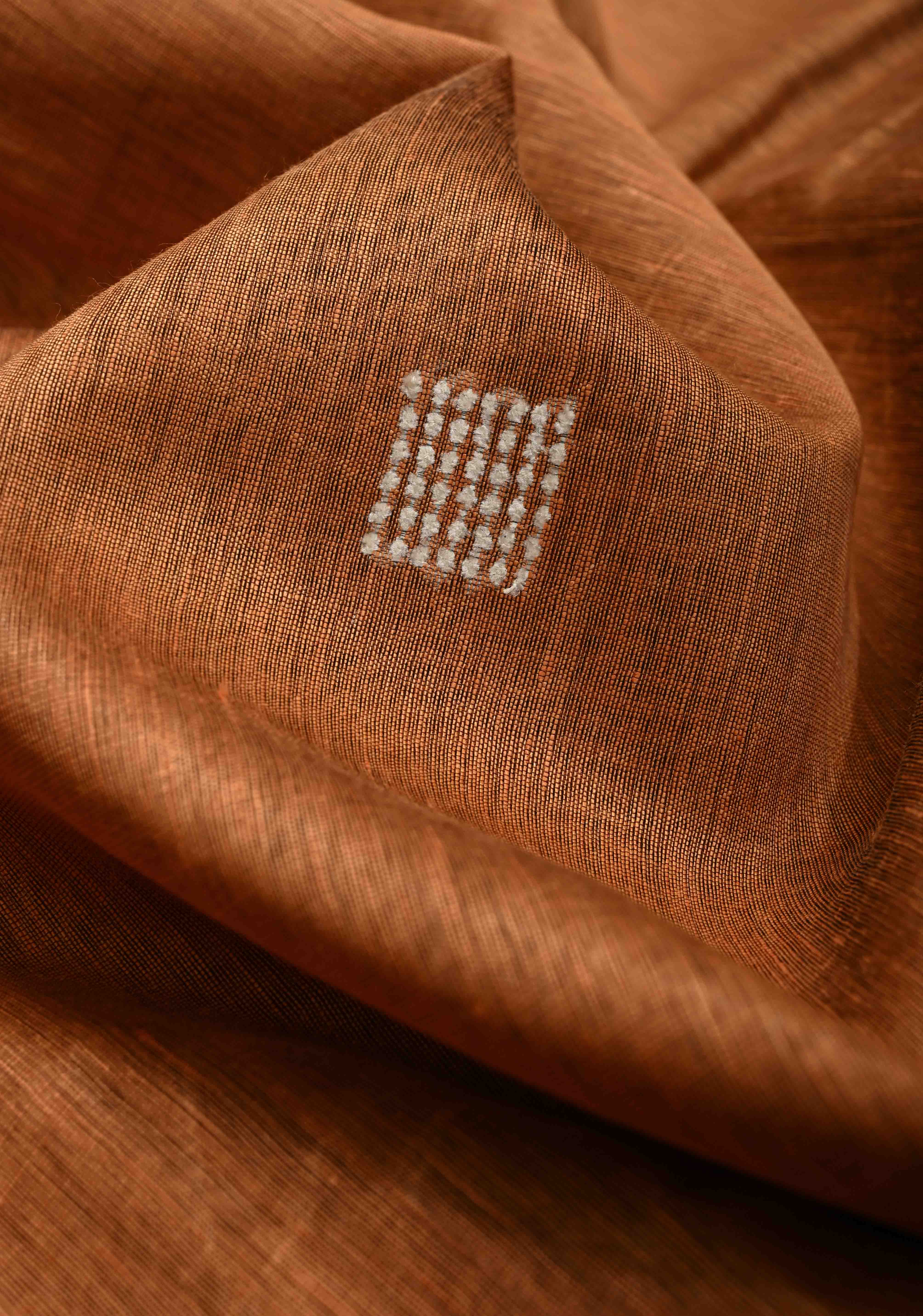 Mustard Orange Handwoven Silk Linen Saree with Thread Buttas and Muted Zari Border | Shobitam