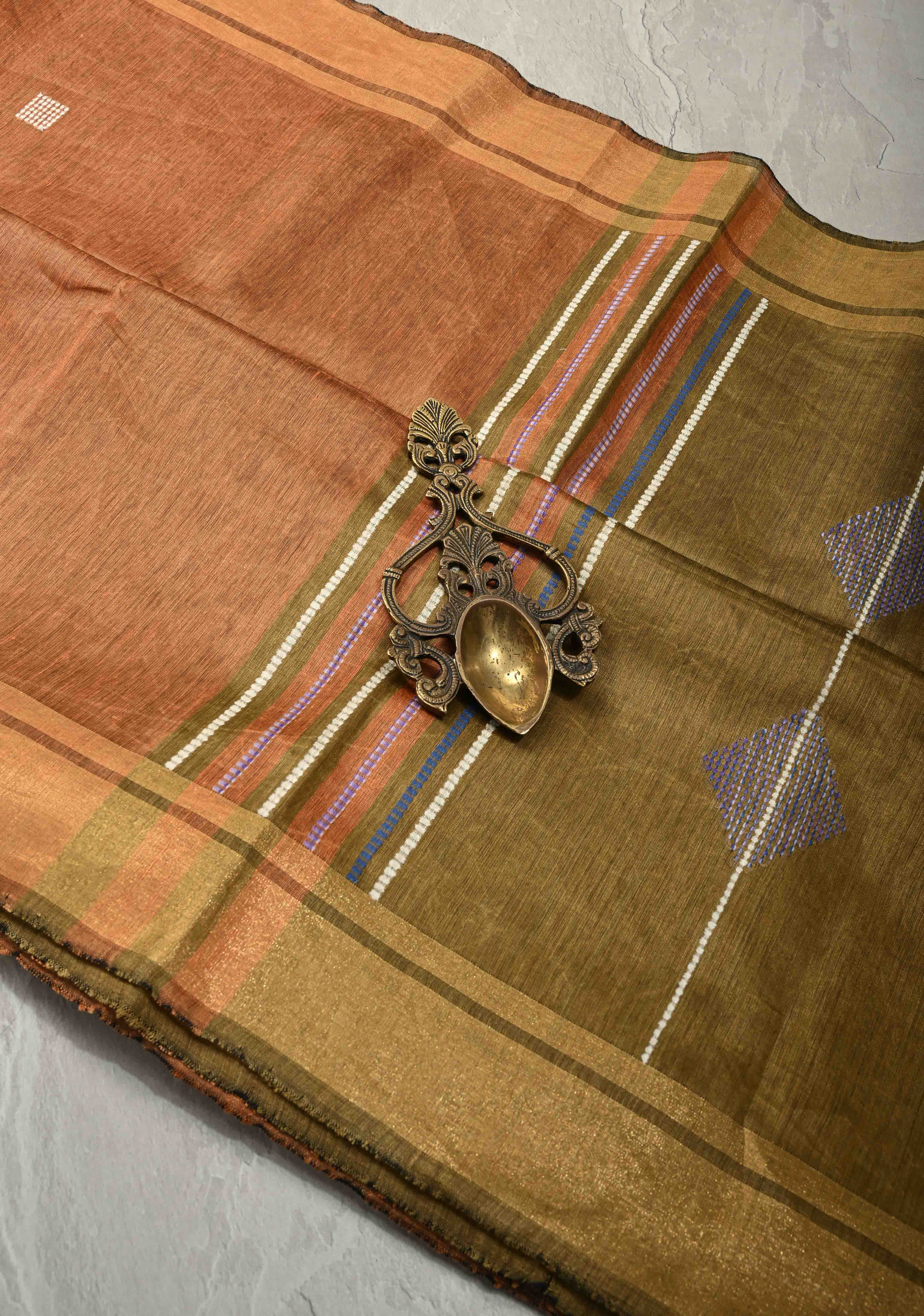 Mustard Orange Handwoven Silk Linen Saree with Thread Buttas and Muted Zari Border | Shobitam