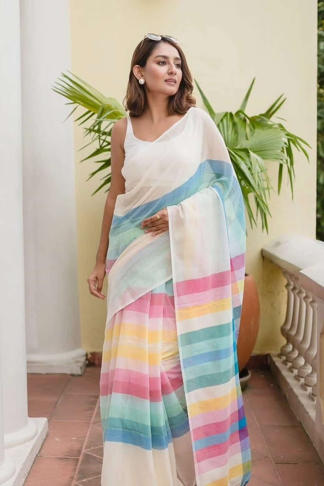 Mul Cotton Pastel Rainbow Ready To Wear Saree