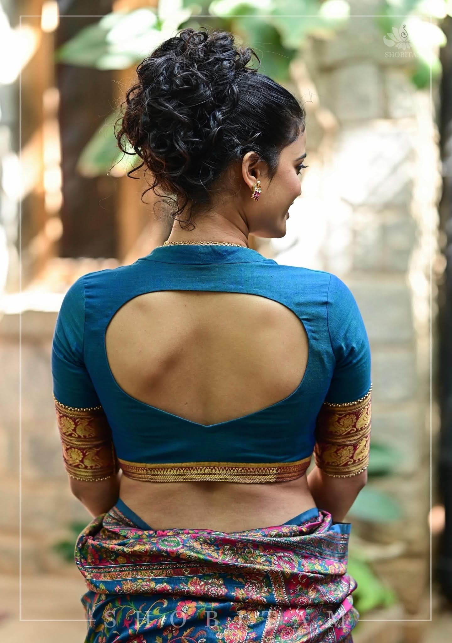 Teal Blue Narayanpet Cotton Blouse with cutout back and zari detailing | Shobitam