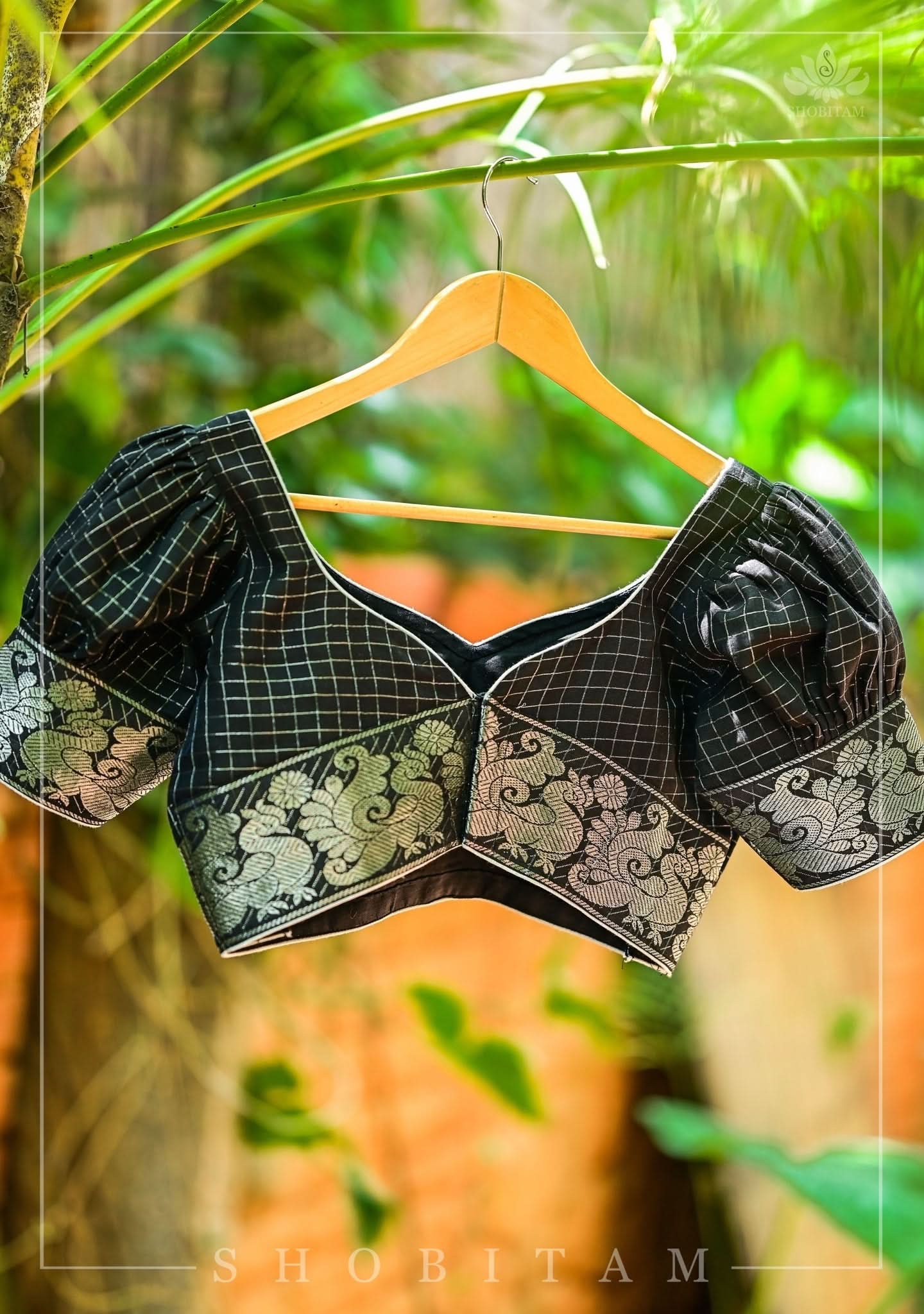 Black Madurai Cotton with SIlver Zari Checks Blouse featuring sweetheart neck and puff sleeves | Shobitam