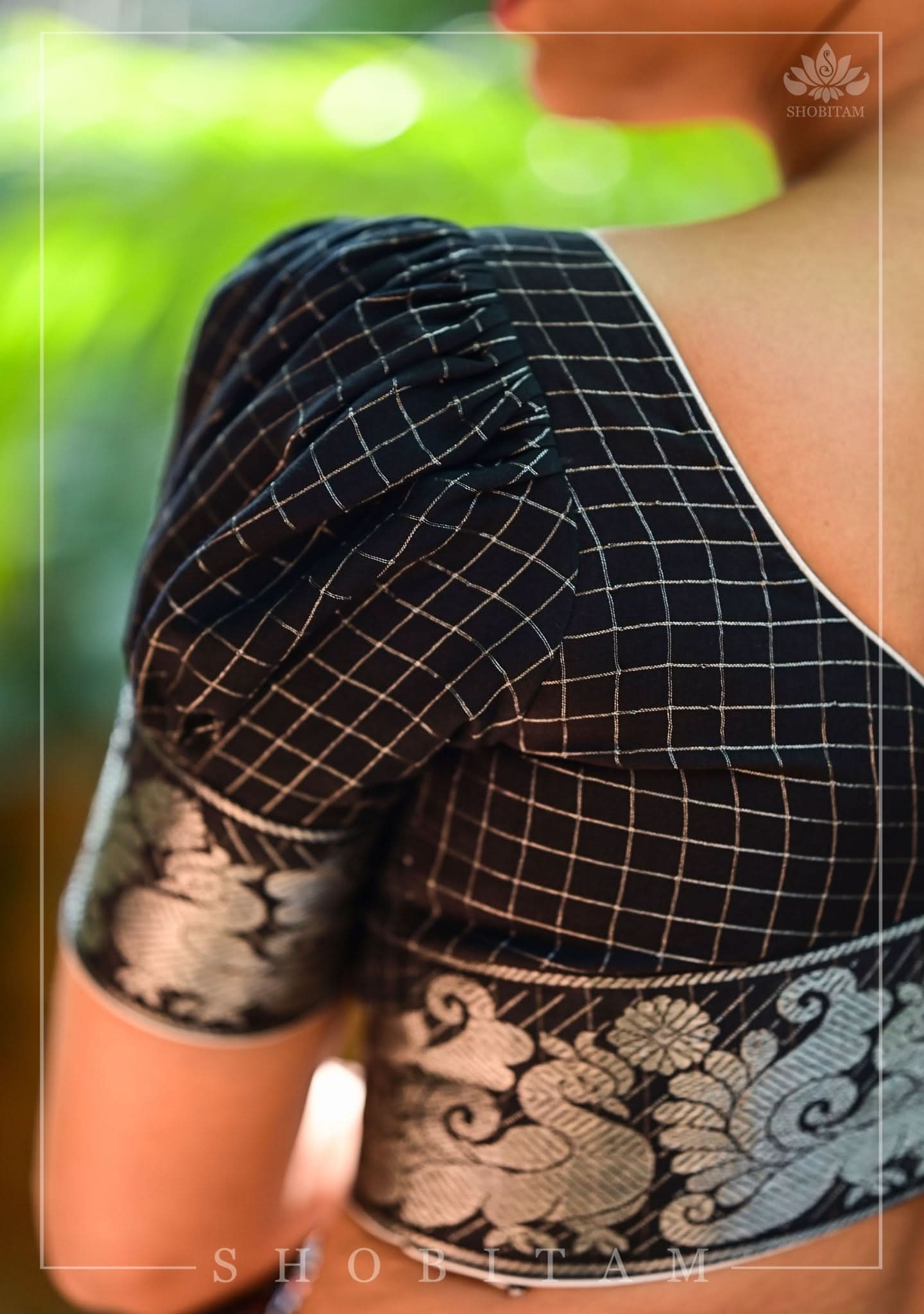 Black Madurai Cotton with SIlver Zari Checks Blouse featuring sweetheart neck and puff sleeves | Shobitam