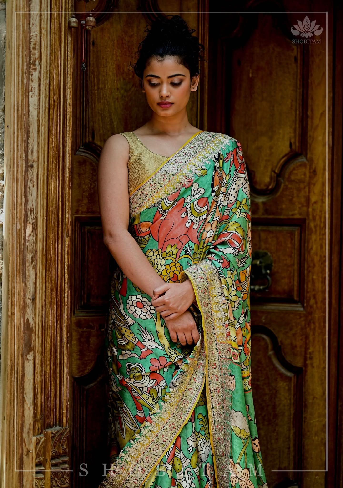 Gajji Silk Saree with Gotta Patti Border and kalamkari Digital Print | Shobitam