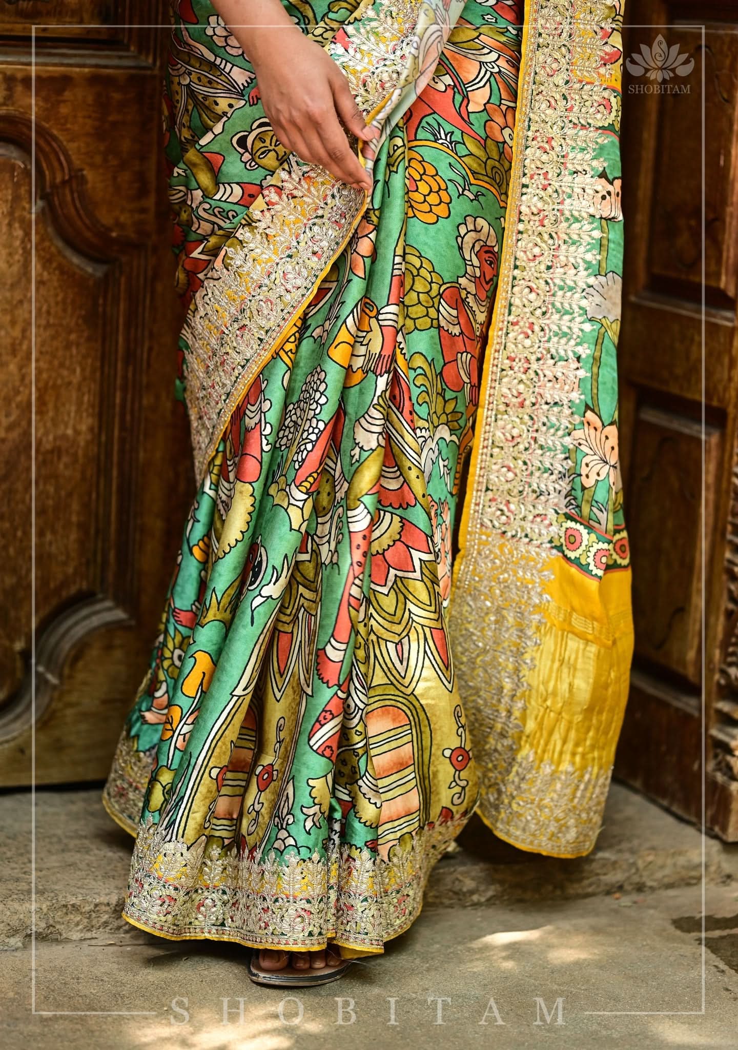 Gajji Silk Saree with Gotta Patti Border and kalamkari Digital Print | Shobitam