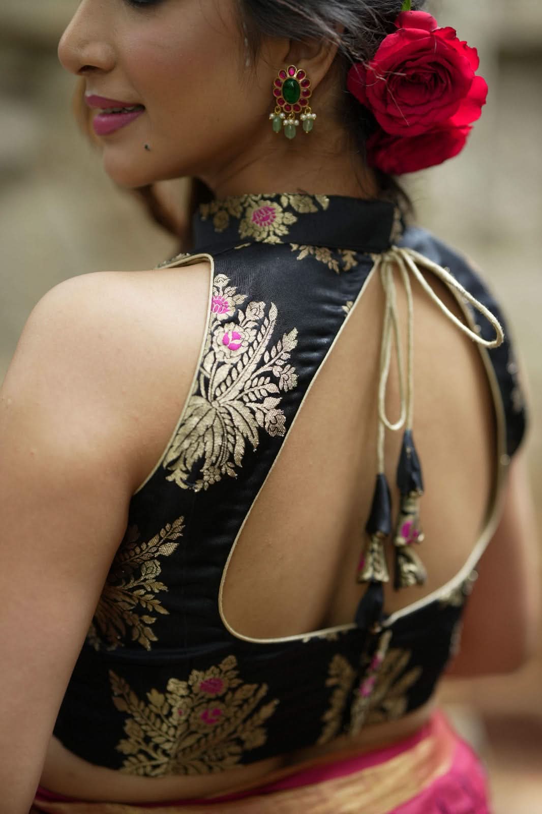 Black Meenakari halter neck mix and match blouse for saree, Made to Order | Shobitam