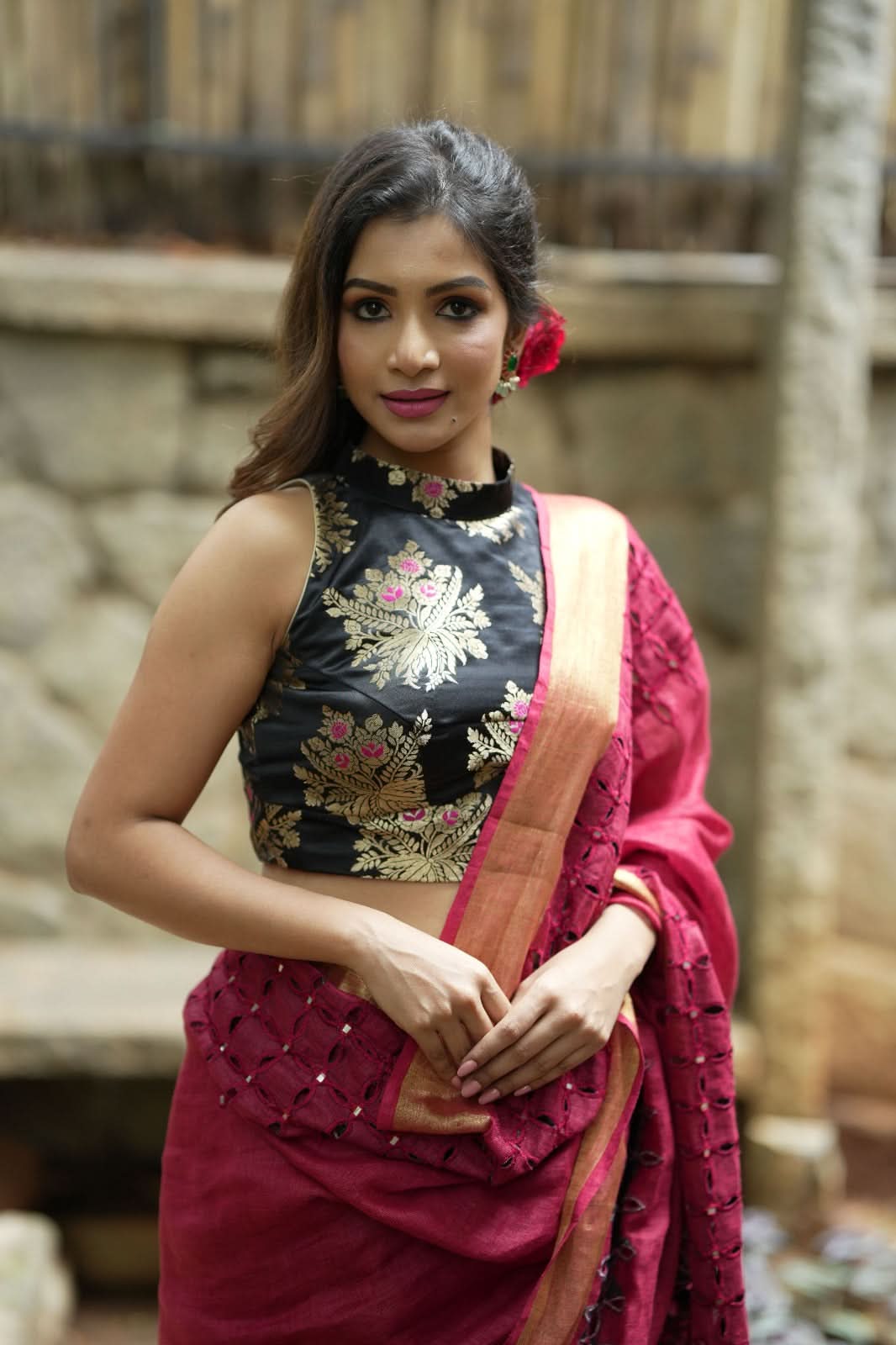 Black Meenakari halter neck mix and match blouse for saree, Made to Order | Shobitam