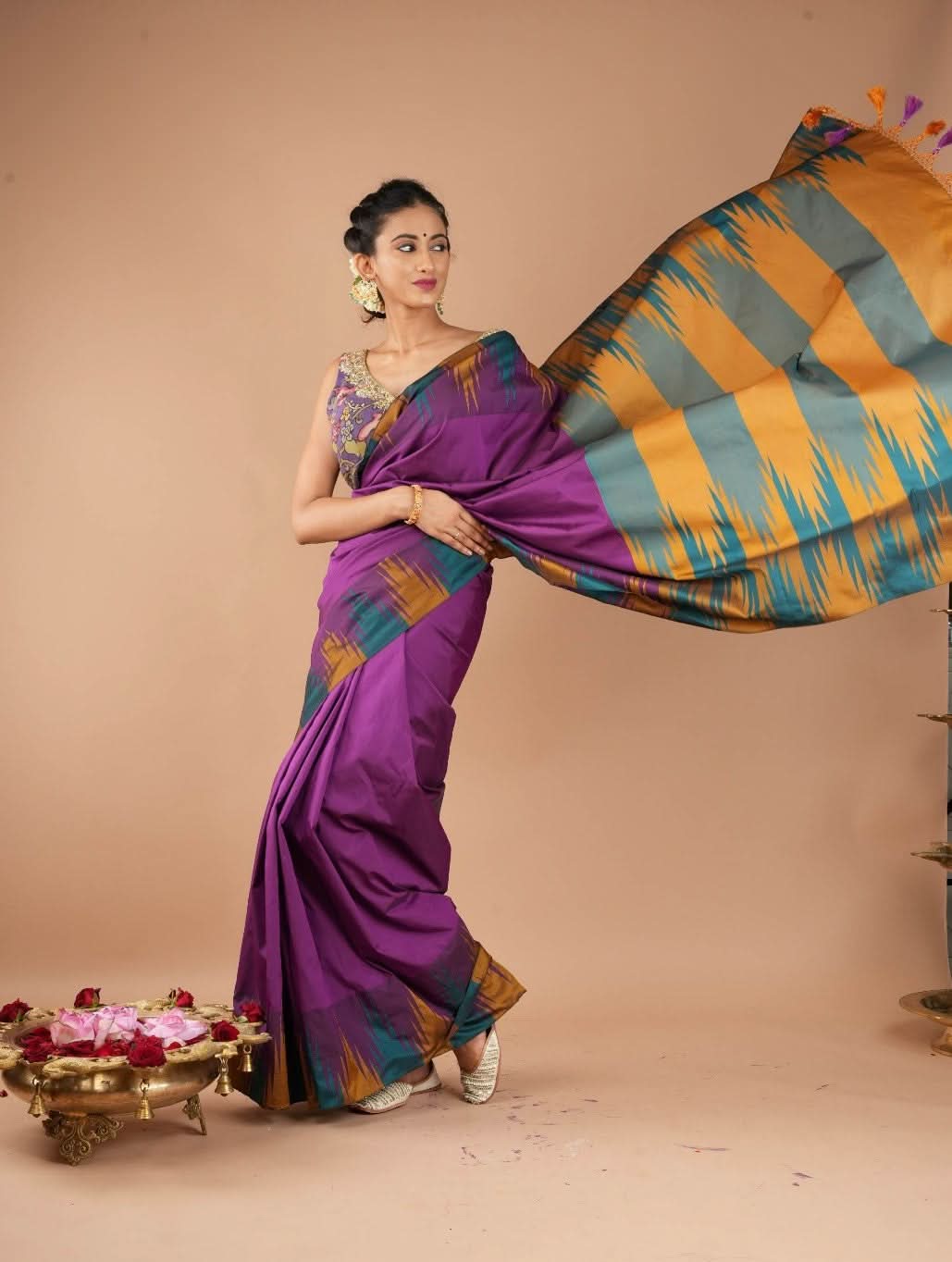 Purple and Two Color Temple Border on Art Silk Saree With Double color Indian kotki design Pallu | Shobitam