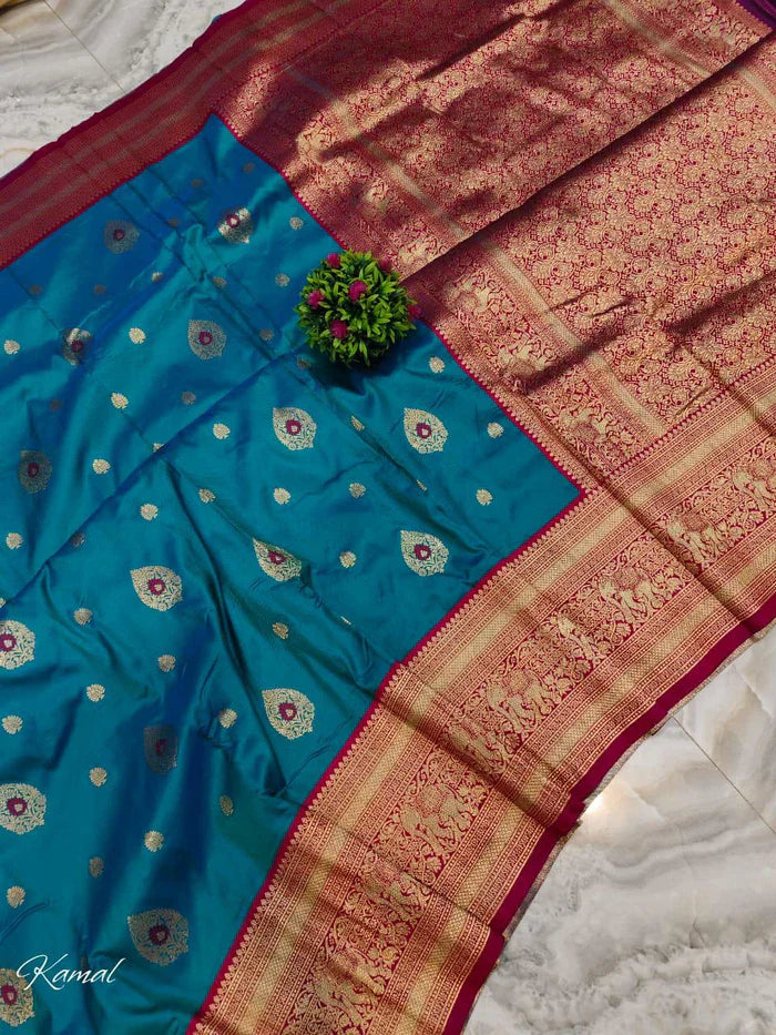 Cyan Ready to Wear saree Kanjivaram Inspired with Butte Zari Work & Designer Woven Border Wrap In 1 Minute | SILK MARK CERTIFIED
