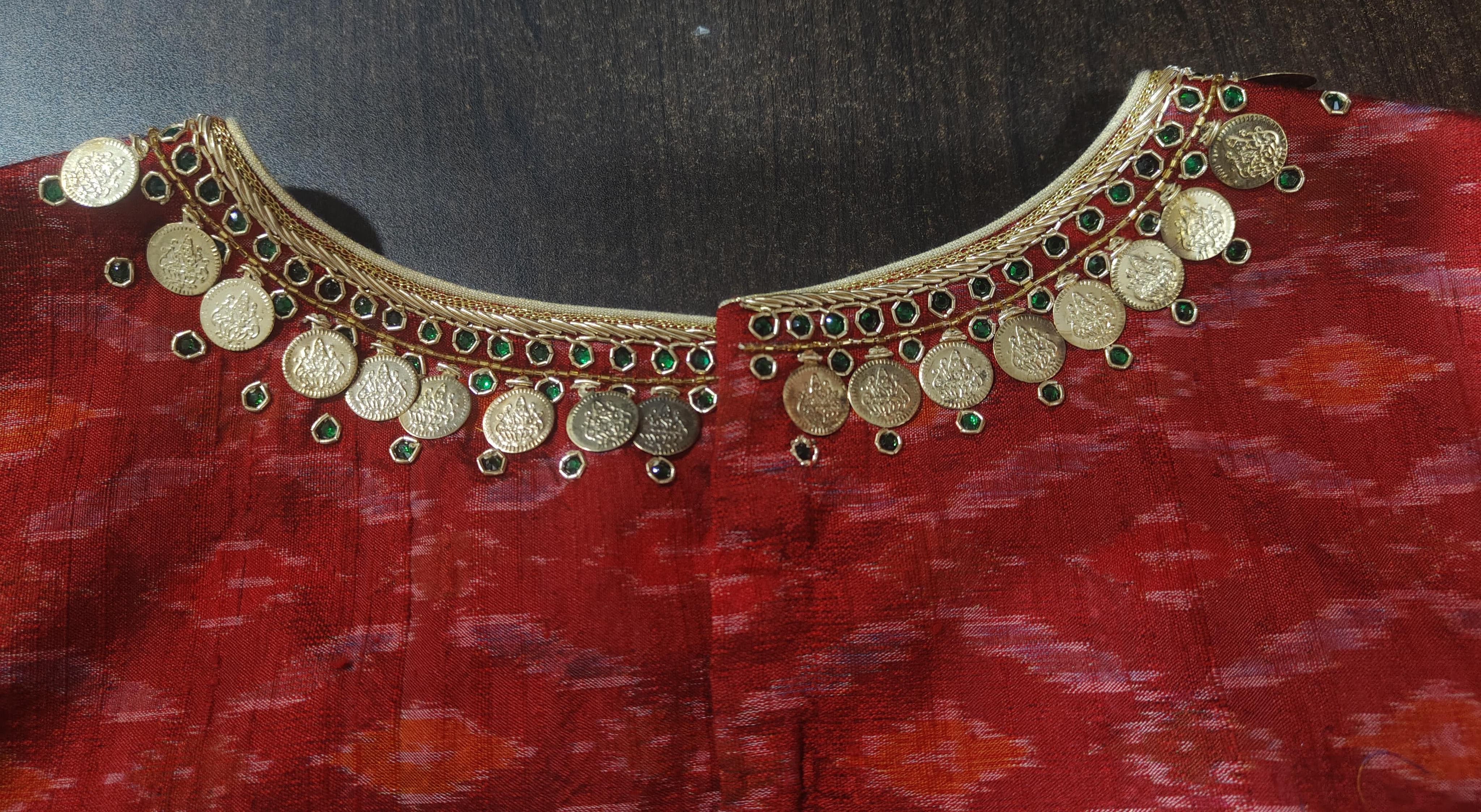 Lakshmi Kaasu Handwork on Woven Ikkat Pure Raw Silk Blouse in Red | Shobitam