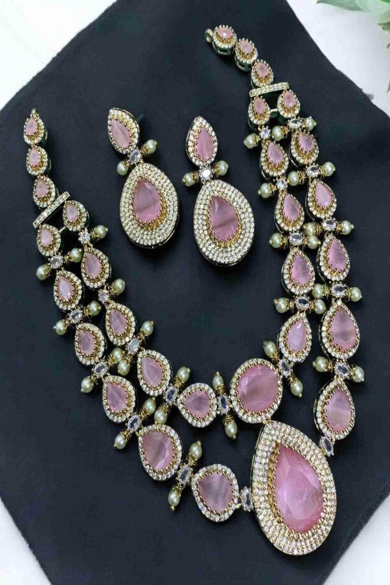 Elegant 2-Layer Purple Victorian Style Neckpiece with Premium Quality Stones And Earrings